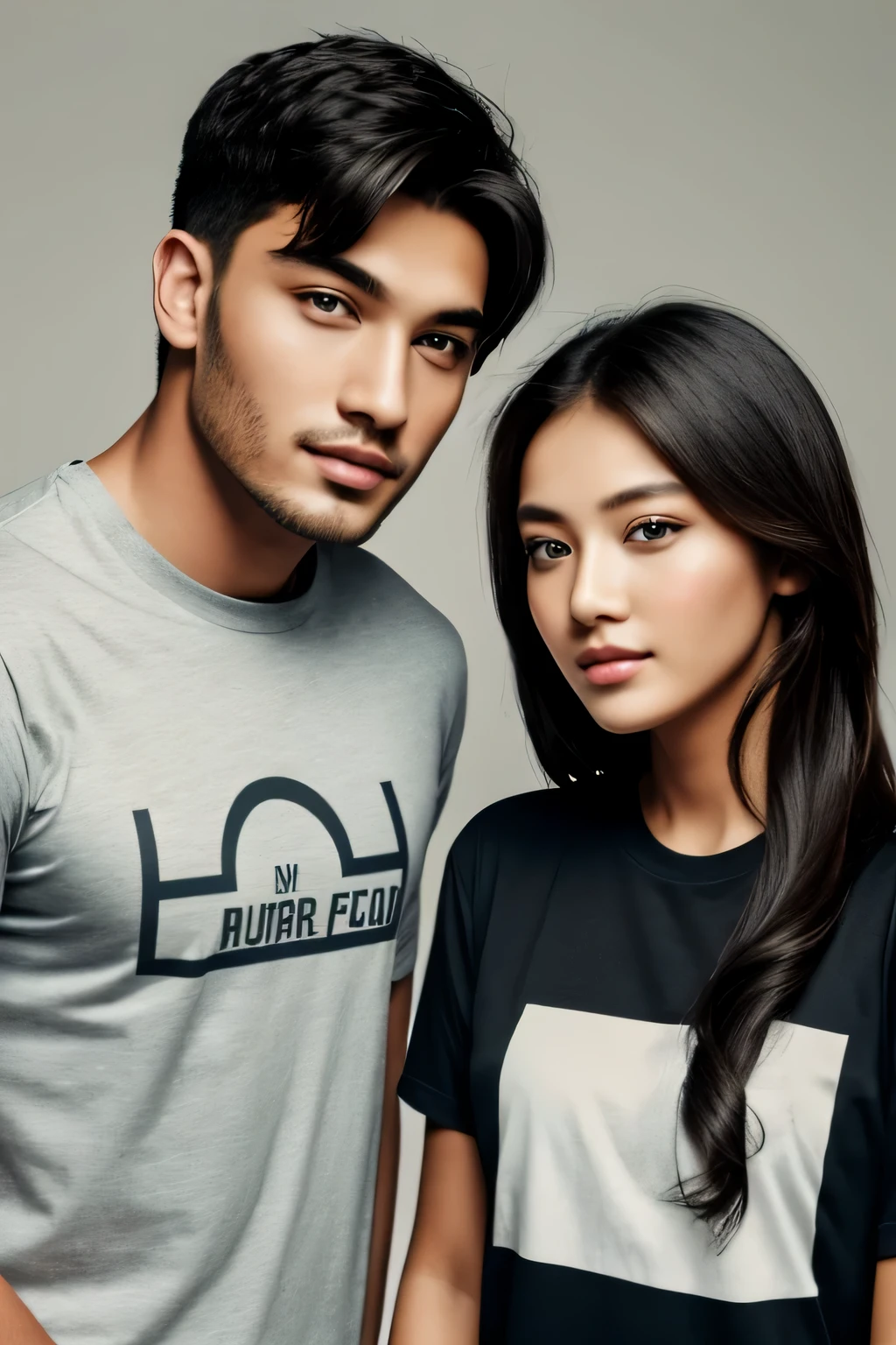Guy and a girl model, looking at viewer, wearing branded tee shirt