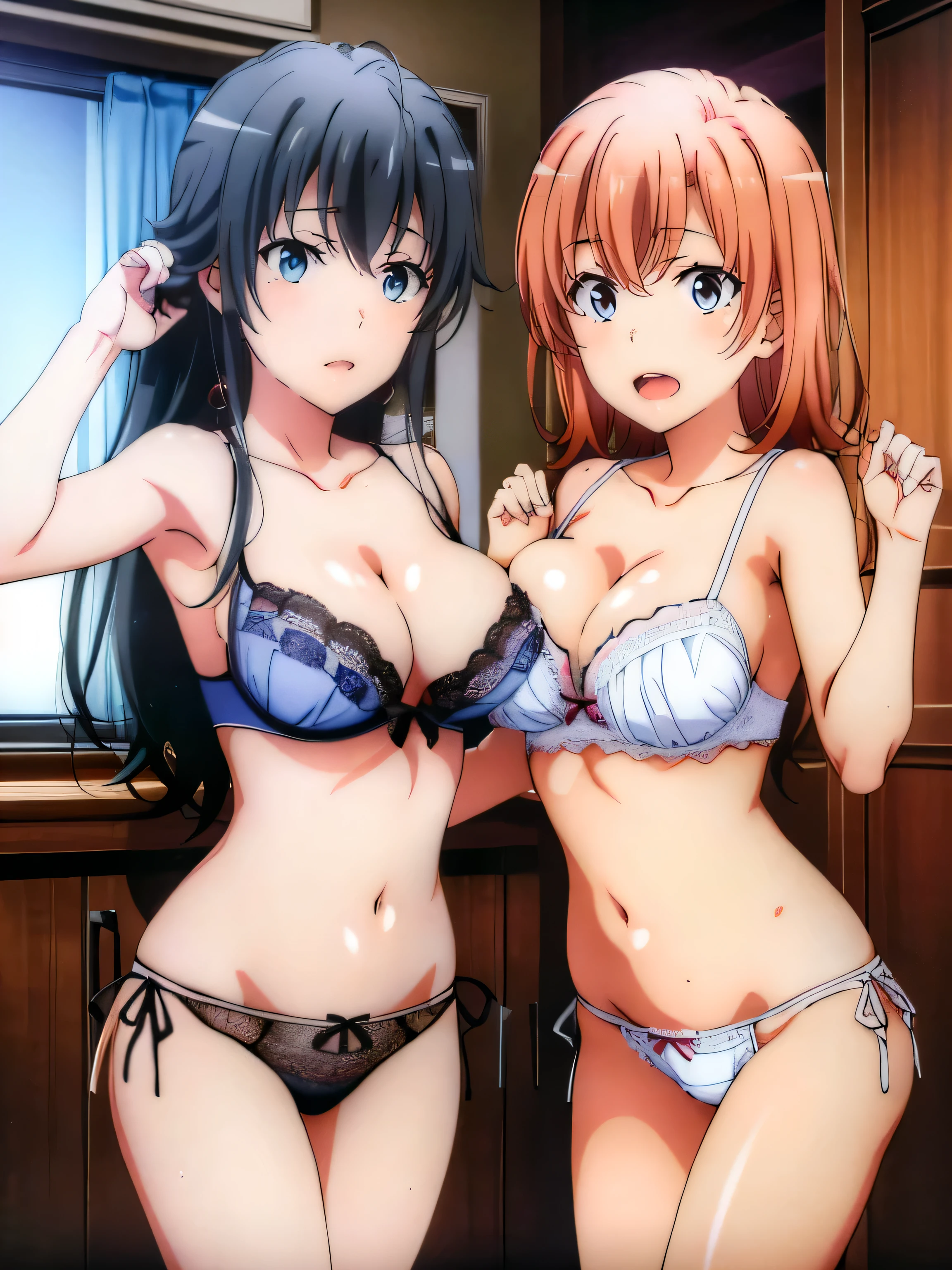 (2 girls) ,In underwear,(Yukinoshita Yukino white lace panties).(由比ヶ浜結衣 ピンクレースpanties), classroom, ,waltz dance,stupid,panties(Yuigahama Yui has big breasts),(Yuigahama Yui opens her mouth),(no skirt),((光沢のあるpanties)),thighs,calf,whole body,*(smile),