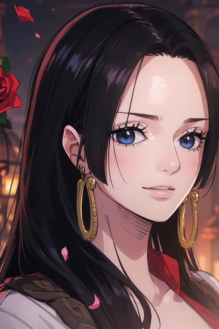 best quality, masterpiece, highly detailed,1girl,  ((rose)), (vine), cage, bandage, red rope, (detail light), falling rose petals, Boa Hancock,, (masterpiece:1.5), Detailed Photo, Smiling,(8K, Photorealistic, Best Quality: 1.4), (1girl), Beautiful Face, (anime realistic Face), (Black Hair, long Hair: 1.3), Beautiful Hairstyle, Realistic eyes, beautiful detail eyes, (realistic skin), beautiful skin, (sweater), absurd, attractive, ultra high resolution, ultra realistic, high definition, golden ratio, backwards, looking back