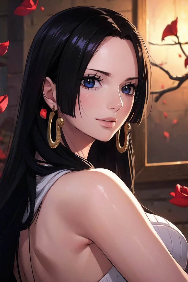 best quality, masterpiece, highly detailed,1girl, ((rose)), (vine), cage, bandage, red rope, (detail light), falling rose petals, Boa Hancock,, (masterpiece:1.5), Detailed Photo, Smiling,(8K, Photorealistic, Best Quality: 1.4), (1girl), Beautiful Face, (anime realistic Face), (Black Hair, long Hair: 1.3), Beautiful Hairstyle, Realistic eyes, beautiful detail eyes, (realistic skin), beautiful skin, (sweater), absurd, attractive, ultra high resolution, ultra realistic, high definition, golden ratio, backwards, looking back