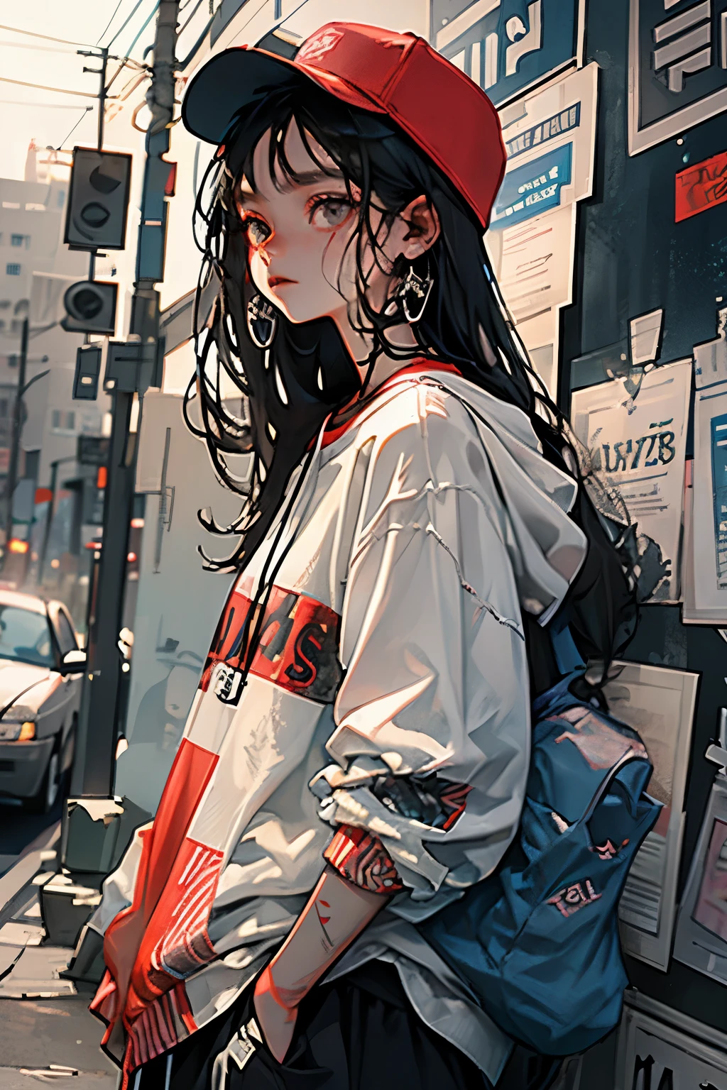 1girll,Back shadow splatter, red paint splatter Sweatshirt(black ish color),face and neck tattoo, An off-the-shoulder garment,baseball cap,Alchemy Laboratory,the mystery of unknown territories,Put your hands in your pockets,random colorful long hair,Shoulder-length hair,Black eyes,Game scene graph, raining street background