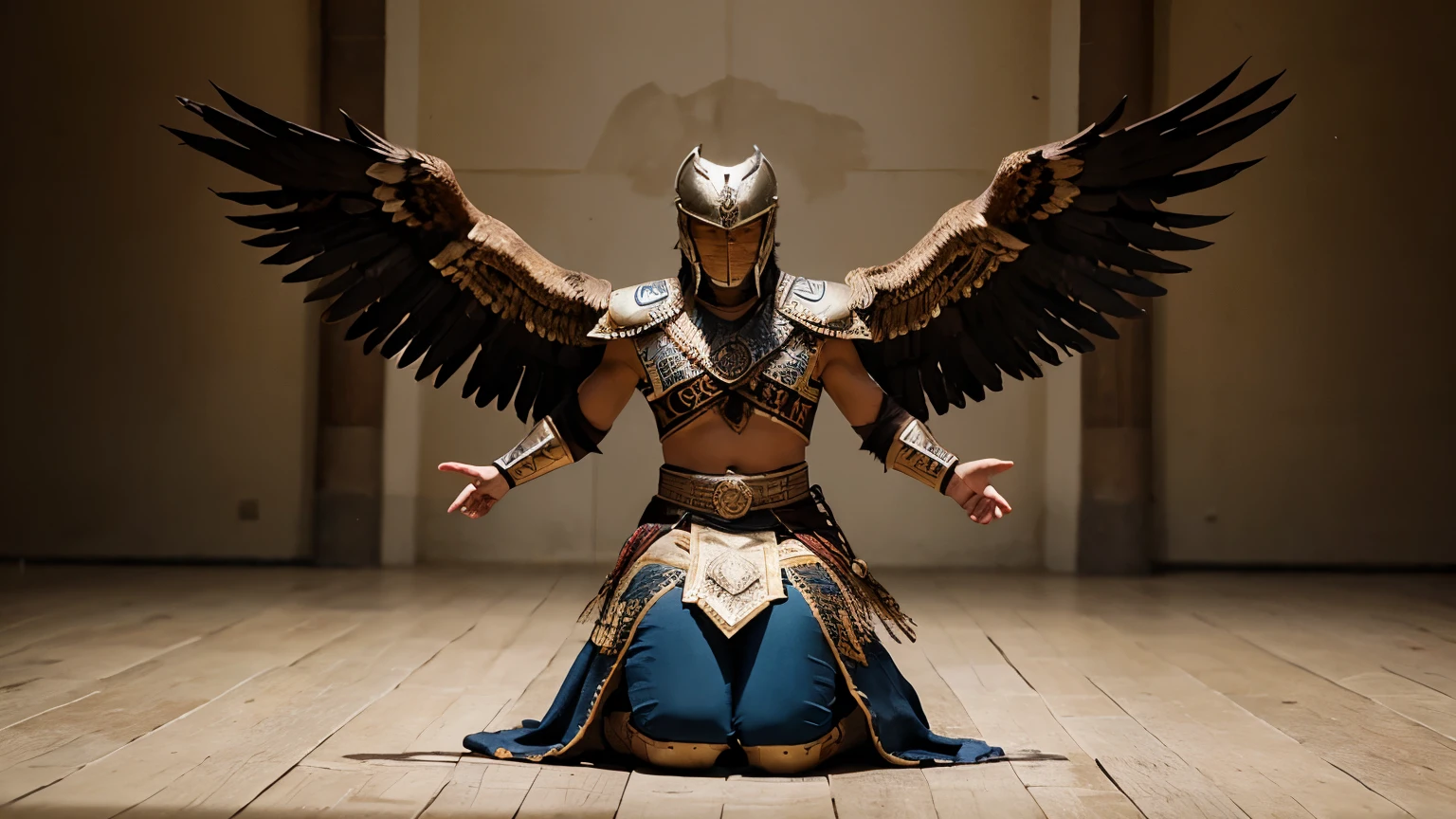 year 1455 Aztec warrior, royal eagles team, commander, costume according to the period, full body position t eagle-shaped helmets