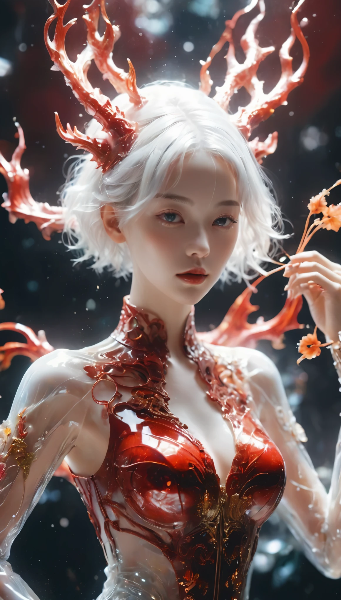 photo RAW, (Black and red : Portrait of a ghostly girl playing the violin, shiny aura, highly detailed, gold filigree, intricate motifs, organic tracery, by Android jones, Januz Miralles, Hikari Shimoda, glowing stardust by W. Zelmer, perfect composition, smooth, sharp focus, sparkling particles, lively coral reef background Realistic, realism, hd, 35mm photograph, 8k), masterpiece, award winning photography, natural light, perfect composition, high detail, hyper realistic cinematic photo art RAW candid close up photo of an ethereal neural network organism with a glittering pearl helmet, holographic color, waterdrops, divine (cyborg dragon:2 girl:0.3, white hair:0.5 biomorph), glass skeleton, skinless:3, biomechanical details, (empty background), natural lighting, style of h. r. giger, (sharp focus, hyper detailed, highly intricate), . Extremely high-resolution details, photographic, realism pushed to extreme, fine texture, incredibly lifelike,35mm photograph, film, bokeh, professional, 4k, highly detailed