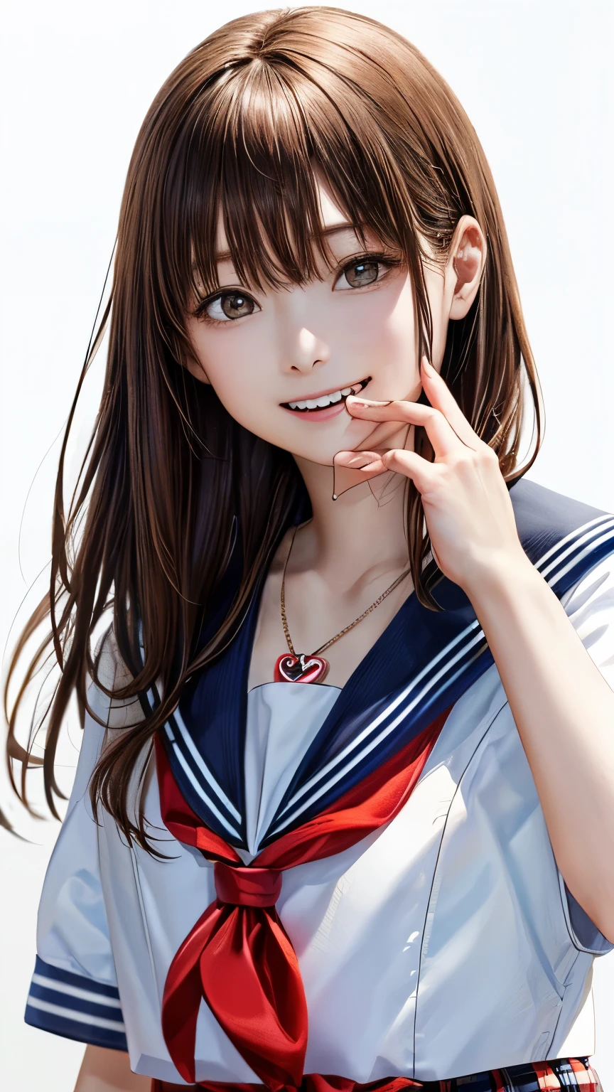 (highest quality、8k、32K、masterpiece)、(realistic)、(Photoreal:1.2)、(High resolution)、Super detailed、very beautiful face and eyes、1 girl、round and small face、thin waist、delicate body、(close、highest quality、high detail、rich skin details)、(highest quality、8k、oil paint:1.2)、Super detailed、(realistic、realistic:1.37)、bright colors、(((brown hair)))、(((full body shot)))、(((long hair that reaches waist)))、(((pure white wall background)))、(((pure white wall background)))、(((wear a sailor suit)))、(((I&#39;laughter)))、(((Wearing a short-sleeved sailor suit)))、(((look straight ahead)))、(((I have 茶色い髪)))、(((Wearing a heart necklace)))、(((she is wearing a sailor suit)))、(((brown hair)))、(((Open your right hand in front of your mouth)))、(((Has a shy look)))、(((plaid pleated skirt)))、(((mini skirt)))、(((I&#39;Iは黒いニーソックスを履いています)))、(((Teeth are visible)))、(((Skipping)))