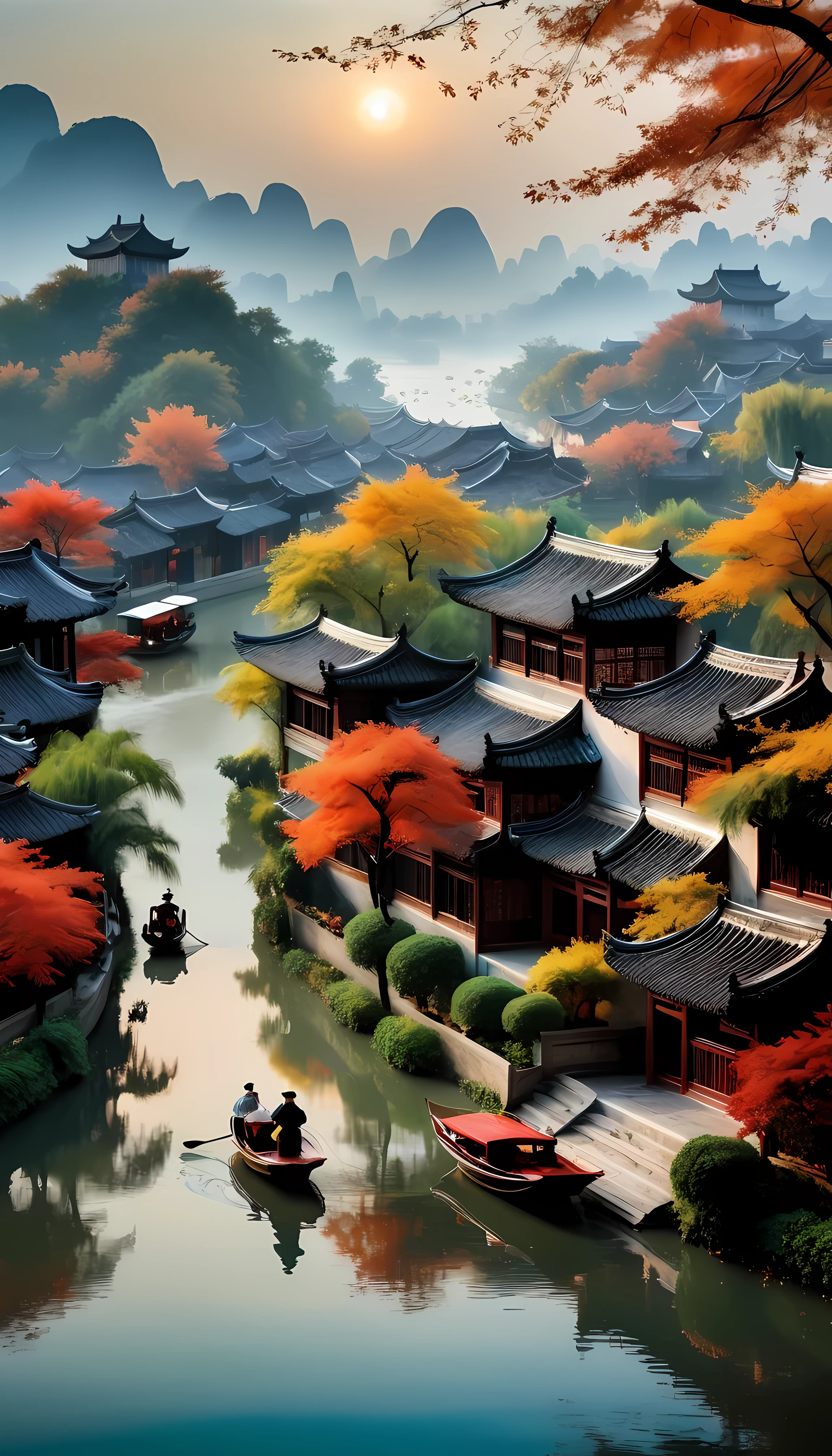 Artwork inspired by the Chinese landscape paintings of famous artist Wu Guanzhong, Capturing the autumn beauty of Jiangnan water town, Especially Wuzhen. The scene is based on traditional Huizhou architecture,Against the backdrop of tranquil water, A small boat sails quietly. Natural tones with pure focus on the environment,Capture the poetic atmosphere. Distant mountains and lush vegetation enhance the horizon, Create a picturesque scene