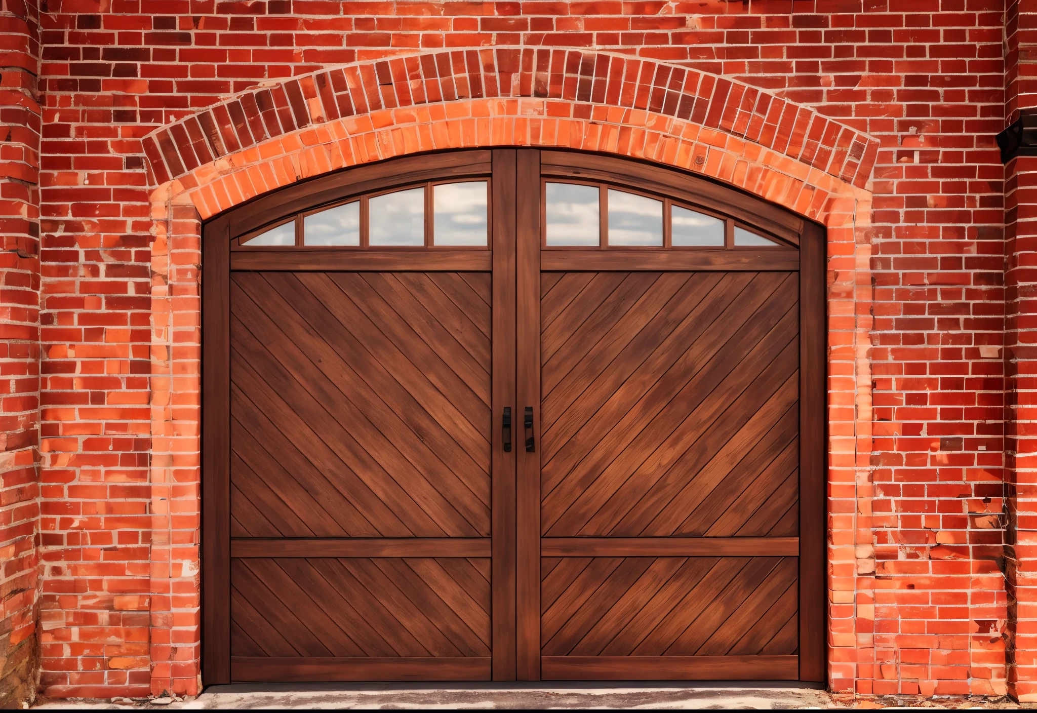 a close up of a wooden door on a brick building, wooden door, Alexander Fedosav, symmetrical detailss, symmetrical details, garage, in front of a garage, photo, gate, brick, symmetrical front view, style doors and windows, [[empty warehouse]] background, inspired Alexander Fedosav, picture