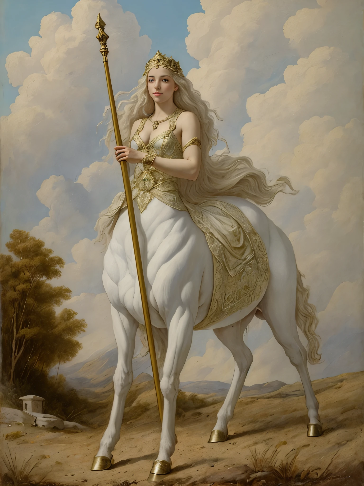 painting of a female Centaur, Centaur woman in a white dress, humanistic incarnation of white horse, hybrid creature of female human and horse, half human half animal, hybrid mythological creature, from Greek mythology, mythological sensibility, beautiful greek goddess in animal incarnation, beautiful lady in animal incarnation, mythological creature, horse goddess, portrait of celtic goddess diana, inspired by Théodore Chasseriau, goddess of greek mythology, by Théodore Chassériau, neoclassical paintings, gorgeous goddess of leo, centaur, neoclassical painting, centaur from greek mythology, by Jean-François de Troy, by Peter Paul Rubens, in Peter Paul Rubens painting style, 