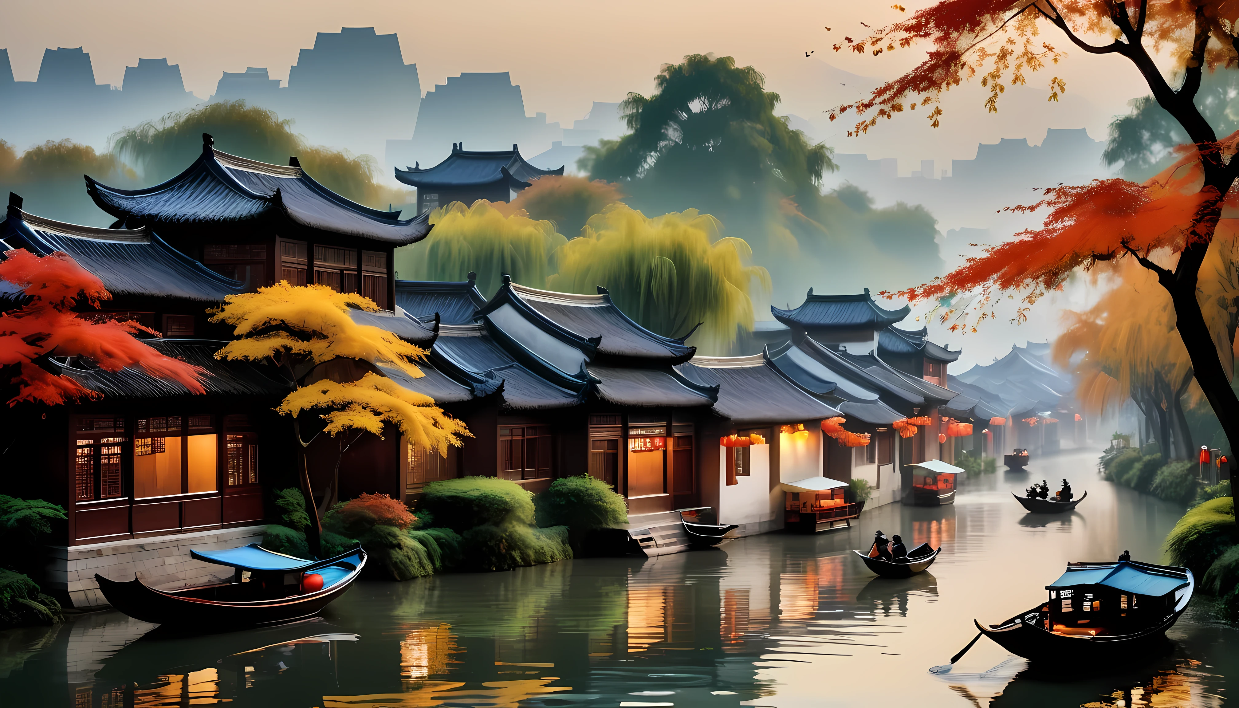 Artwork inspired by the Chinese landscape paintings of famous artist Wu Guanzhong, Capturing the autumn beauty of Jiangnan water town, Especially Wuzhen. The scene is based on traditional Huizhou architecture,Against the backdrop of tranquil water, A small boat sails quietly. Natural tones with pure focus on the environment,Capture the poetic atmosphere. Distant mountains and lush vegetation enhance the horizon, Create a picturesque scene