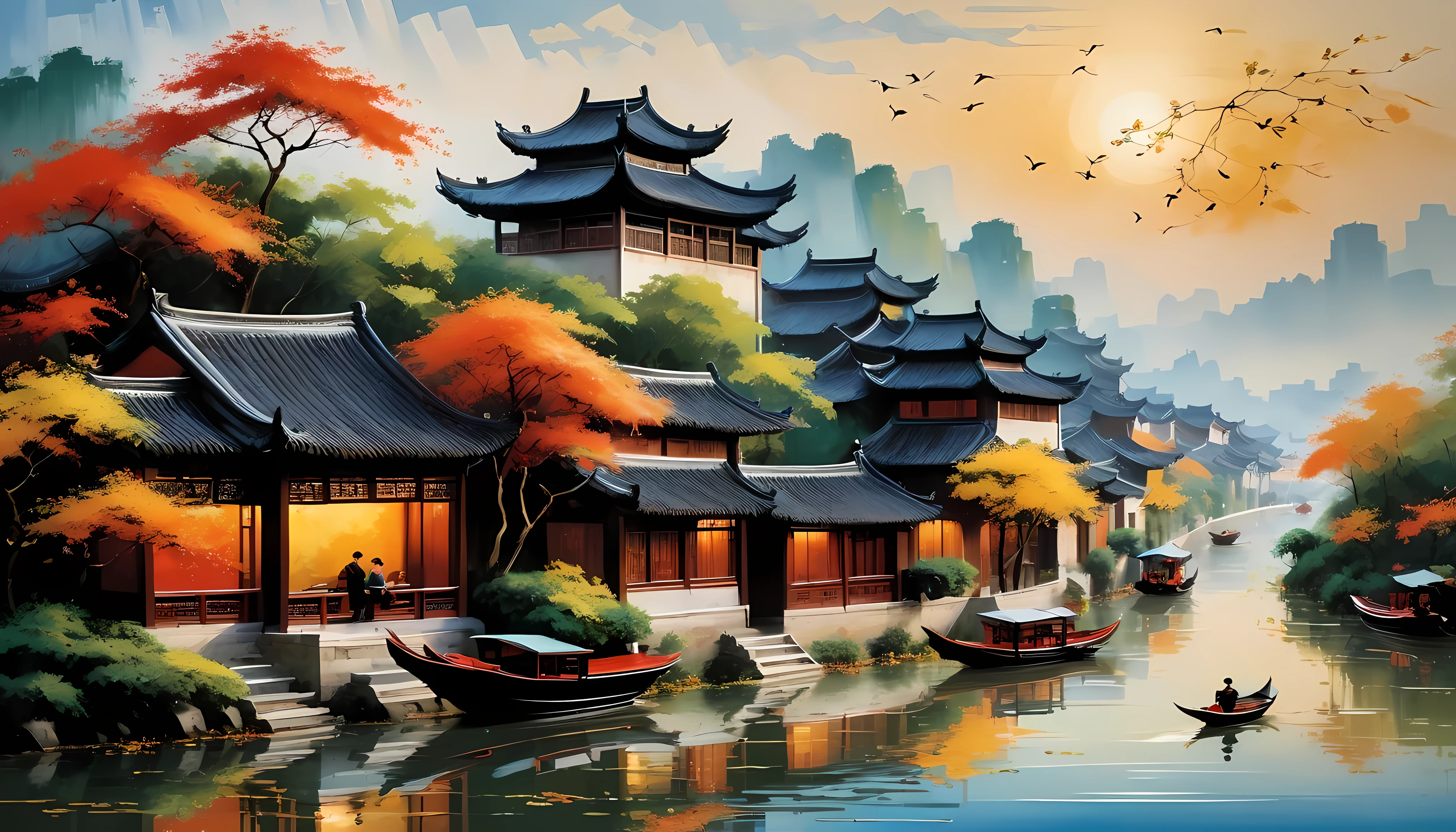 Artwork inspired by the Chinese landscape paintings of famous artist Wu Guanzhong, Capturing the autumn beauty of Jiangnan water town, Especially Wuzhen. The scene is based on traditional Huizhou architecture，Against the backdrop of tranquil water, A small boat sails quietly. Natural tones with pure focus on the environment，Capture the poetic atmosphere. Distant mountains and lush vegetation enhance the horizon, Create a picturesque scene