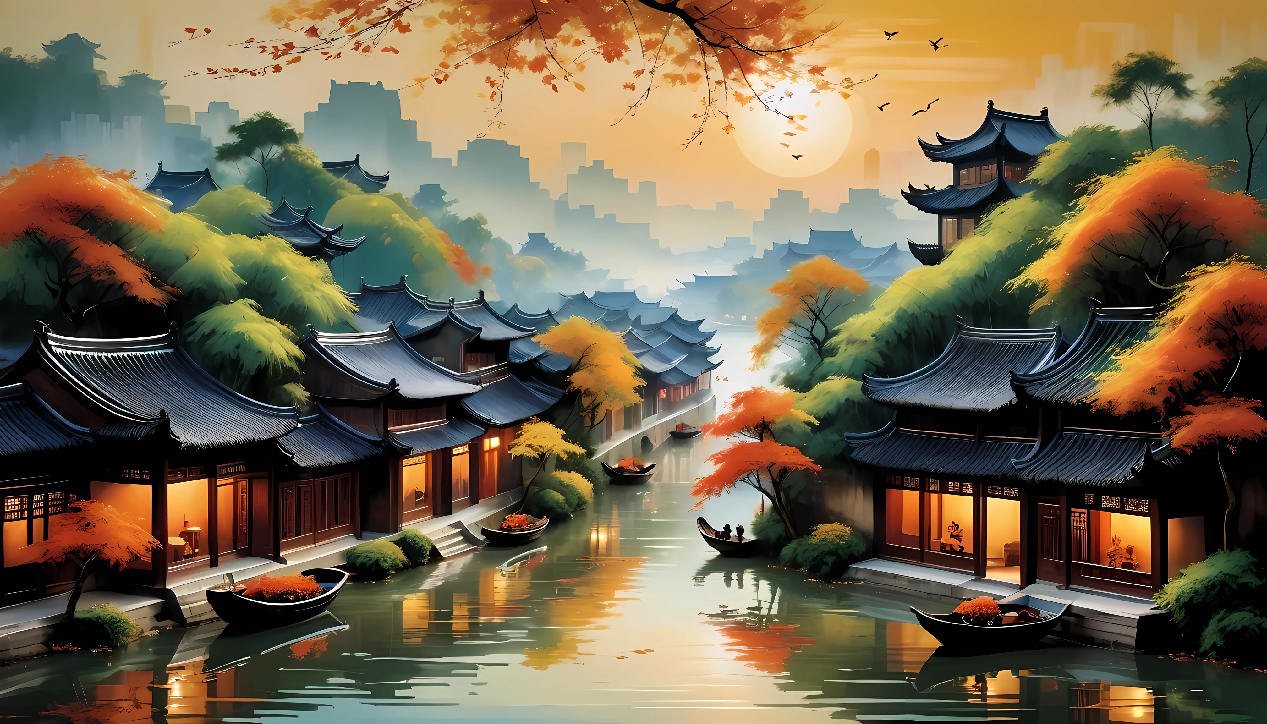 Artwork inspired by the Chinese landscape paintings of famous artist Wu Guanzhong, Capturing the autumn beauty of Jiangnan water town, Especially Wuzhen. The scene is based on traditional Huizhou architecture，Against the backdrop of tranquil water, A small boat sails quietly. Natural tones with pure focus on the environment，Capture the poetic atmosphere. Distant mountains and lush vegetation enhance the horizon, Create a picturesque scene