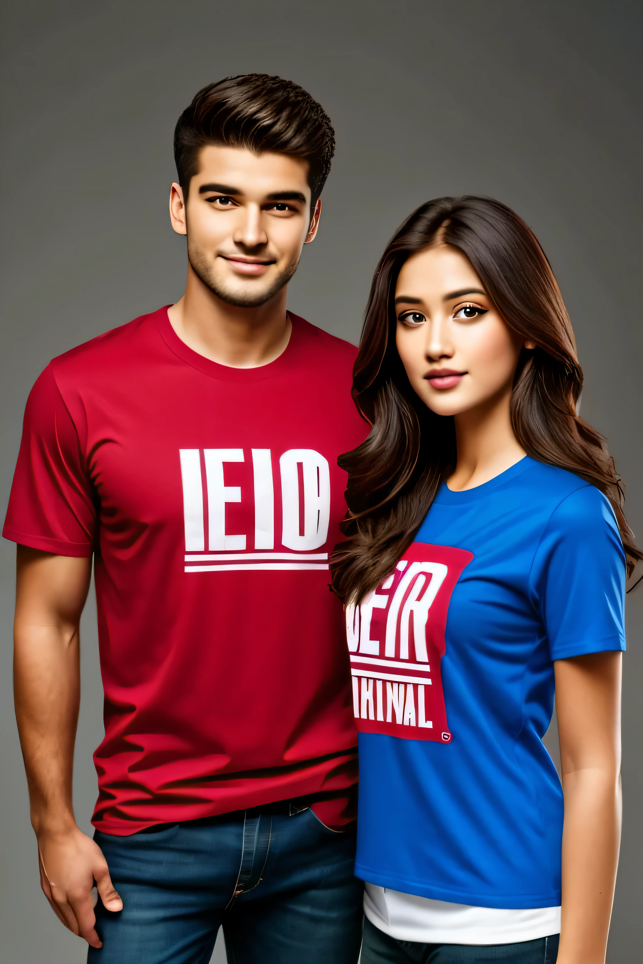 Guy and a girl model, looking at viewer, wearing branded tee shirt