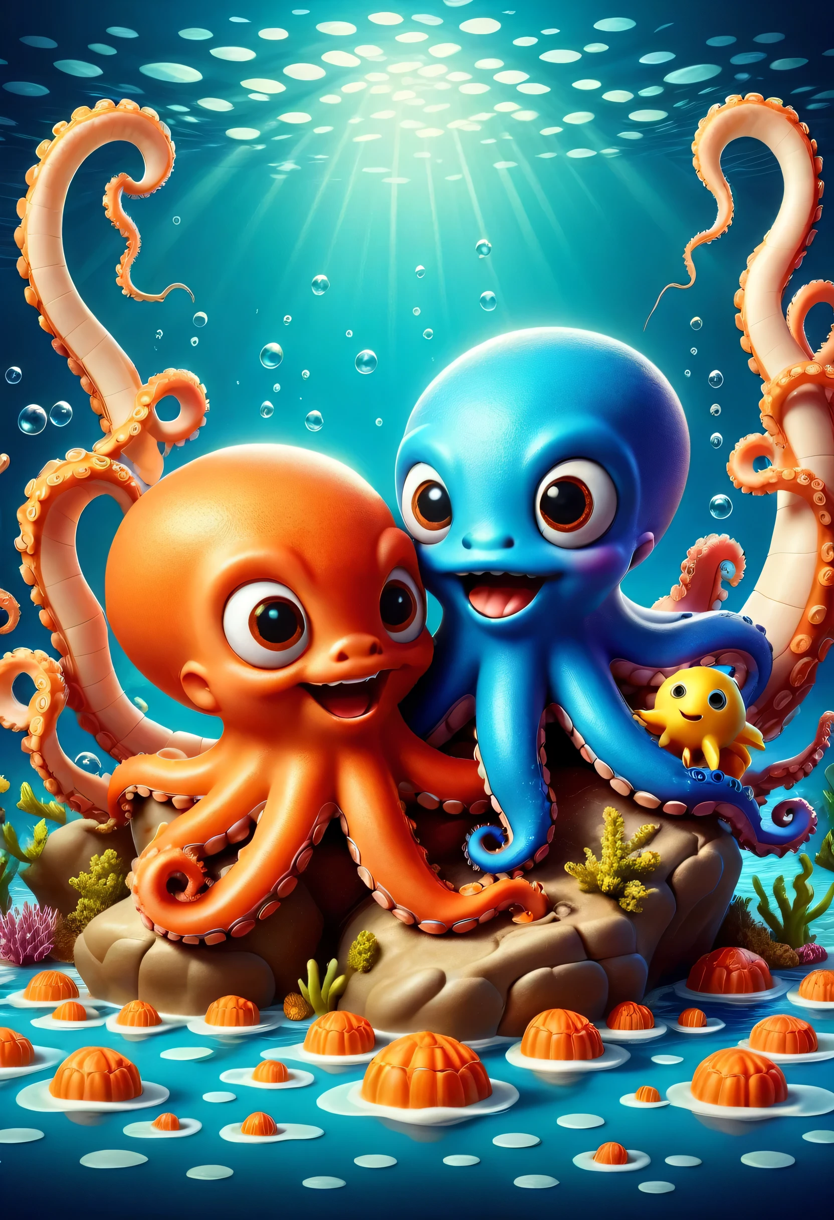 whimsical atmosphere,The underwater world,((1 cute octopus draws on the drawing board with a paintbrush:1.5)),((Strong splatter effect of oil paints and colorful ink:1.6)),(More ink splatter effects on the canvas and octopus),(Character covered in ink liquid splatter), (The underwater world背景,Splashed ink,ink),The octopus should look happy doing its art,Surrounded by a vibrant aquatic environment filled with coral and marine life。(Vector illustration:1.2)