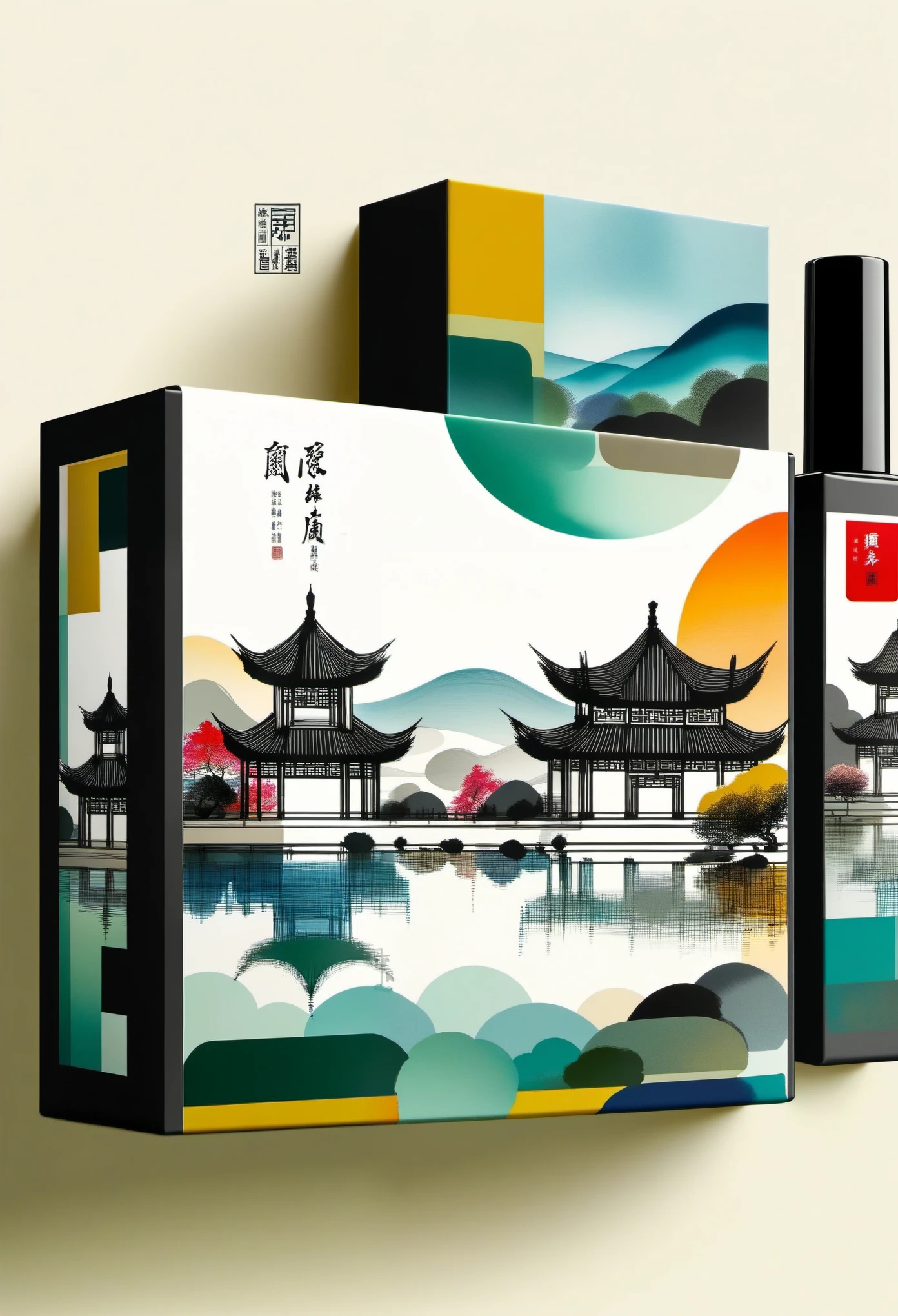 Product packaging design:Geometric abstract ink,Describe the Jiangnan landscape architectural complex,Wu Guanzhong's style is an artistic expression that merges traditional Chinese ink techniques with Western painting concepts. It is characterized by modern interpretations of traditional themes, creating unique visual effects through color and line.