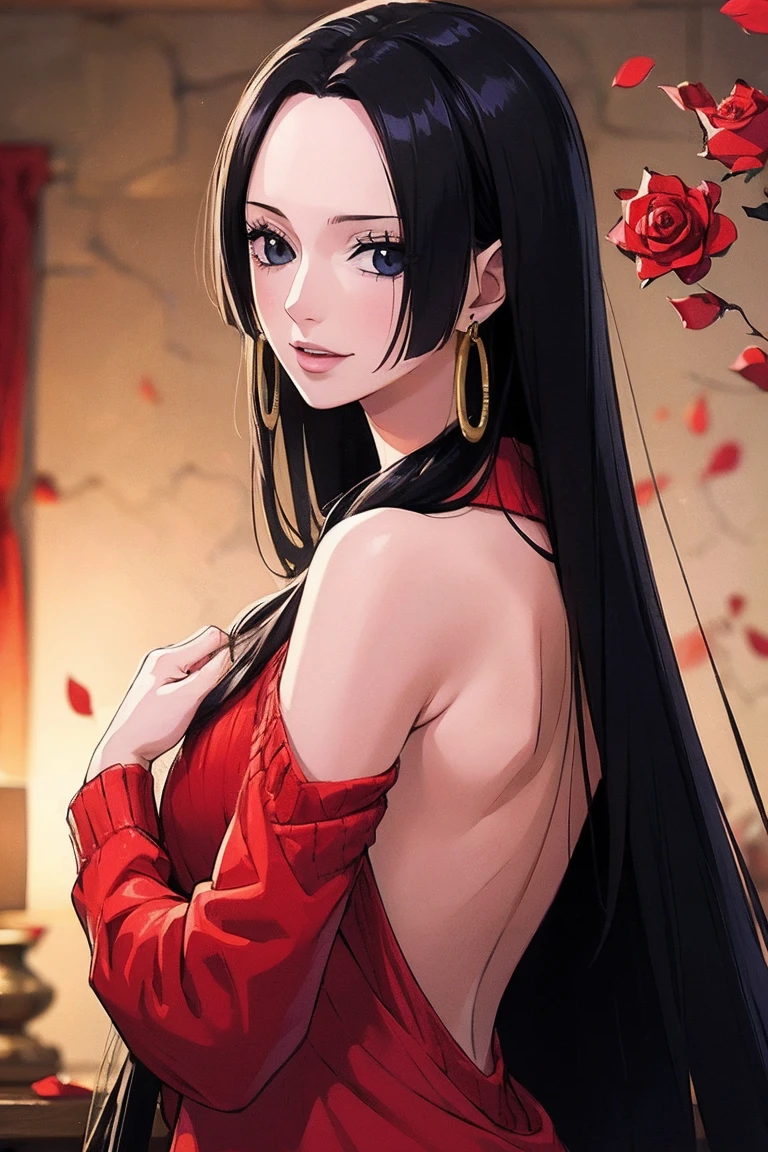 best quality, masterpiece, highly detailed,1girl,  ((rose)), (vine), cage, bandage, red rope, (detail light), falling rose petals, Boa Hancock,, (masterpiece:1.5), Detailed Photo, Smiling,(8K, Photorealistic, Best Quality: 1.4), (1girl), Beautiful Face, (anime realistic Face), (Black Hair, long Hair: 1.3), Beautiful Hairstyle, Realistic eyes, beautiful detail eyes, (realistic skin), beautiful skin, (sweater), absurd, attractive, ultra high resolution, ultra realistic, high definition, golden ratio, backwards, looking back