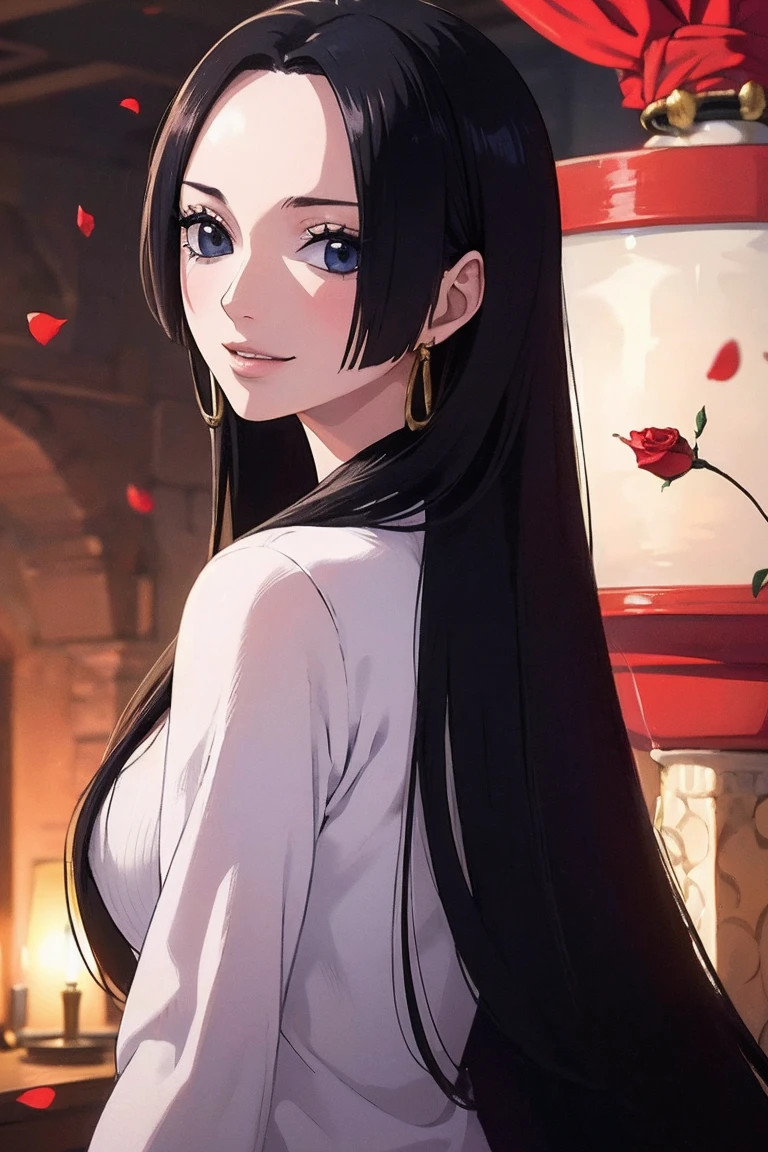 best quality, masterpiece, highly detailed,1girl, ((rose)), (vine), cage, bandage, red rope, (detail light), falling rose petals, Boa Hancock,, (masterpiece:1.5), Detailed Photo, Smiling,(8K, Photorealistic, Best Quality: 1.4), (1girl), Beautiful Face, (anime realistic Face), (Black Hair, long Hair: 1.3), Beautiful Hairstyle, Realistic eyes, beautiful detail eyes, (realistic skin), beautiful skin, (sweater), absurd, attractive, ultra high resolution, ultra realistic, high definition, golden ratio, backwards, looking back