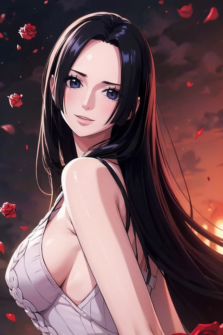best quality, masterpiece, highly detailed,1girl, ((rose)), (vine), cage, bandage, red rope, (detail light), falling rose petals, Boa Hancock,, (masterpiece:1.5), Detailed Photo, Smiling,(8K, Photorealistic, Best Quality: 1.4), (1girl), Beautiful Face, (anime realistic Face), (Black Hair, long Hair: 1.3), Beautiful Hairstyle, Realistic eyes, beautiful detail eyes, (realistic skin), beautiful skin, (sweater), absurd, attractive, ultra high resolution, ultra realistic, high definition, golden ratio, backwards, looking back