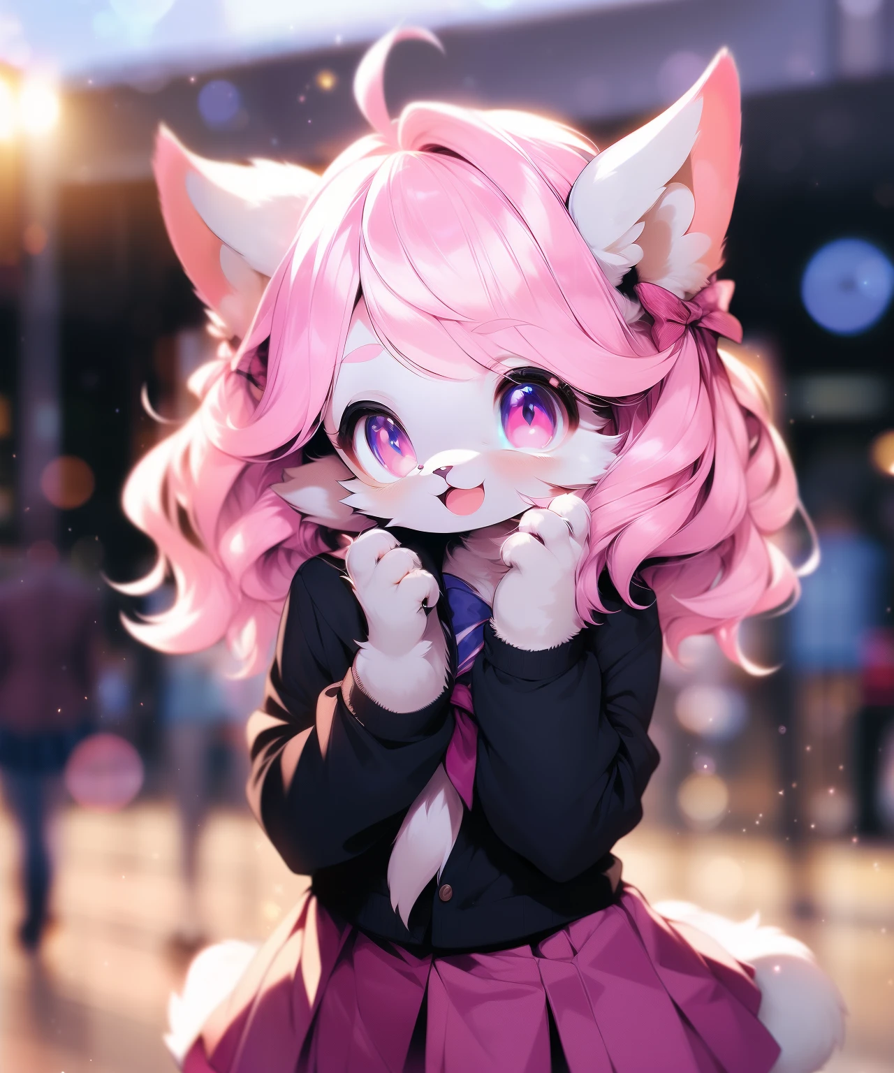 (furry girl:1.3),body fur,animal ear fluff,
hime cut bangs,short bob hair,messy hair,light pink hair,ahoge,
pink cat ears,white skin,
(school uniform:1.3),looking at viewer,smile, cowboy shot, full body,