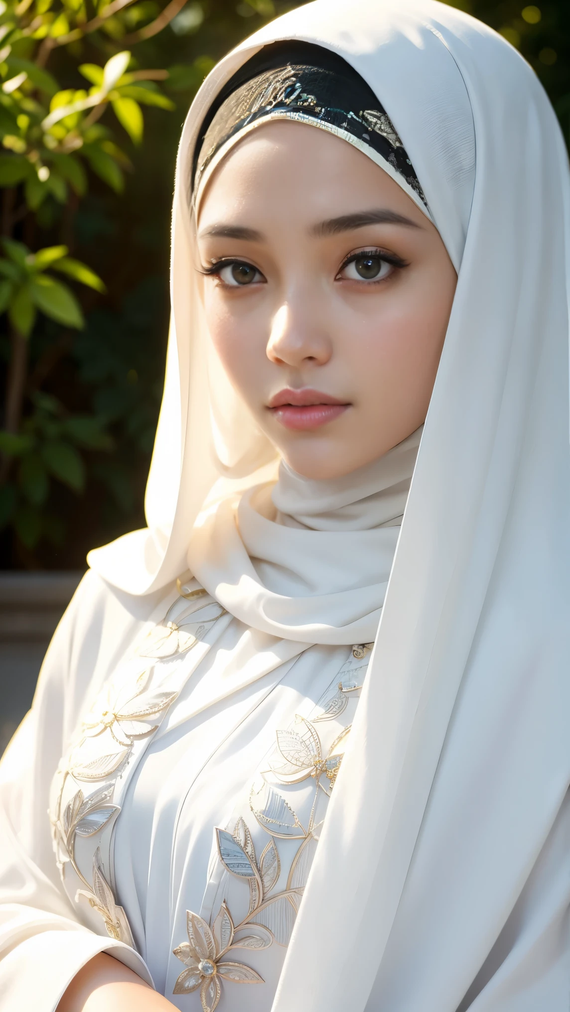 a malay hijab girl,beautiful detailed eyes,beautiful detailed lips,extremely detailed eyes and face,longeyelashes,white formal suit,medium:traditional hijab,medium:oil painting,ultra-detailed,realistic:1.37,best quality,4k,8k,highres,masterpiece:1.2,ultra-fine painting,professional,studio lighting,vivid colors,beautiful garden background,warm color tones,soft sunlight