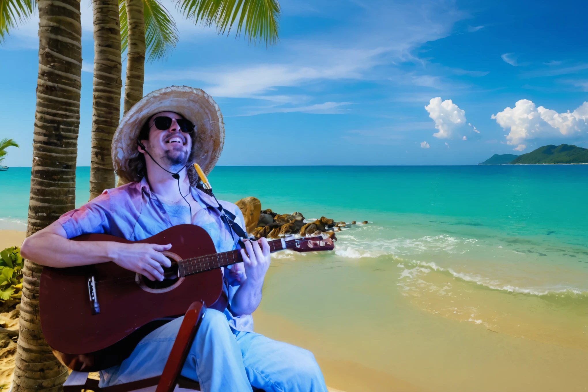 Beach man playing guitar under a coconut tree (foreground), on a sandy beach, blue sky, calm ocean waves, coconut trees, vibrant colors, warm sunlight, Summer rhythm, Retro style, vintage vibes, flying seagulls, salty breeze, beach towels, happy people, clear water, bright reflections, distant horizon, peaceful atmosphere, tranquility, leisure atmosphere, cheerful laughter, happy memories, relaxation, carefree moments ,timeless beauty, music player, beach musics, nostalgic charm, artistic masterpiece, stunning view, idyllic paradise, calming sounds of waves, endless summer. (best quality, ultra-detailed, photoRealistic:1.37),oil painting, vintage style, vibrant color palette, soft brush strokes, warm tones, sunlit glow, Lens flare, harmonious composition, texture, depth of field .artwork, 3D, 4k, detailed, vintage art.
