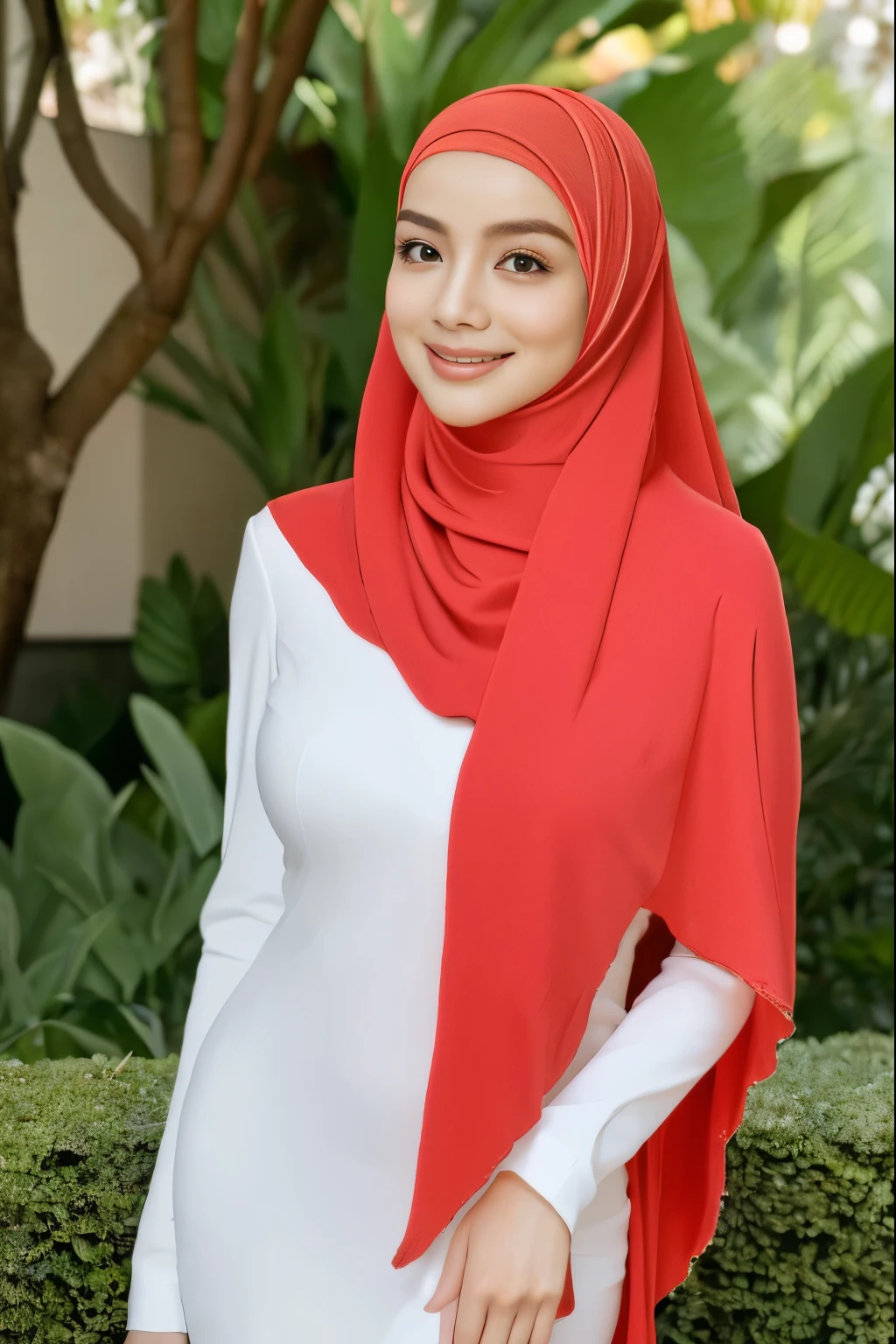 RAW, Best quality, high resolution, masterpiece: 1.3), beautiful Malay woman in hijab,Masterpiece, perfect slim fit body, (big breast, gorgeous eyes, Soft smile, naked, hairy vagina, necklace, shairband, afternoon walk, City garden, lake garden.Excellent lighting, Bright colors, Clean lines