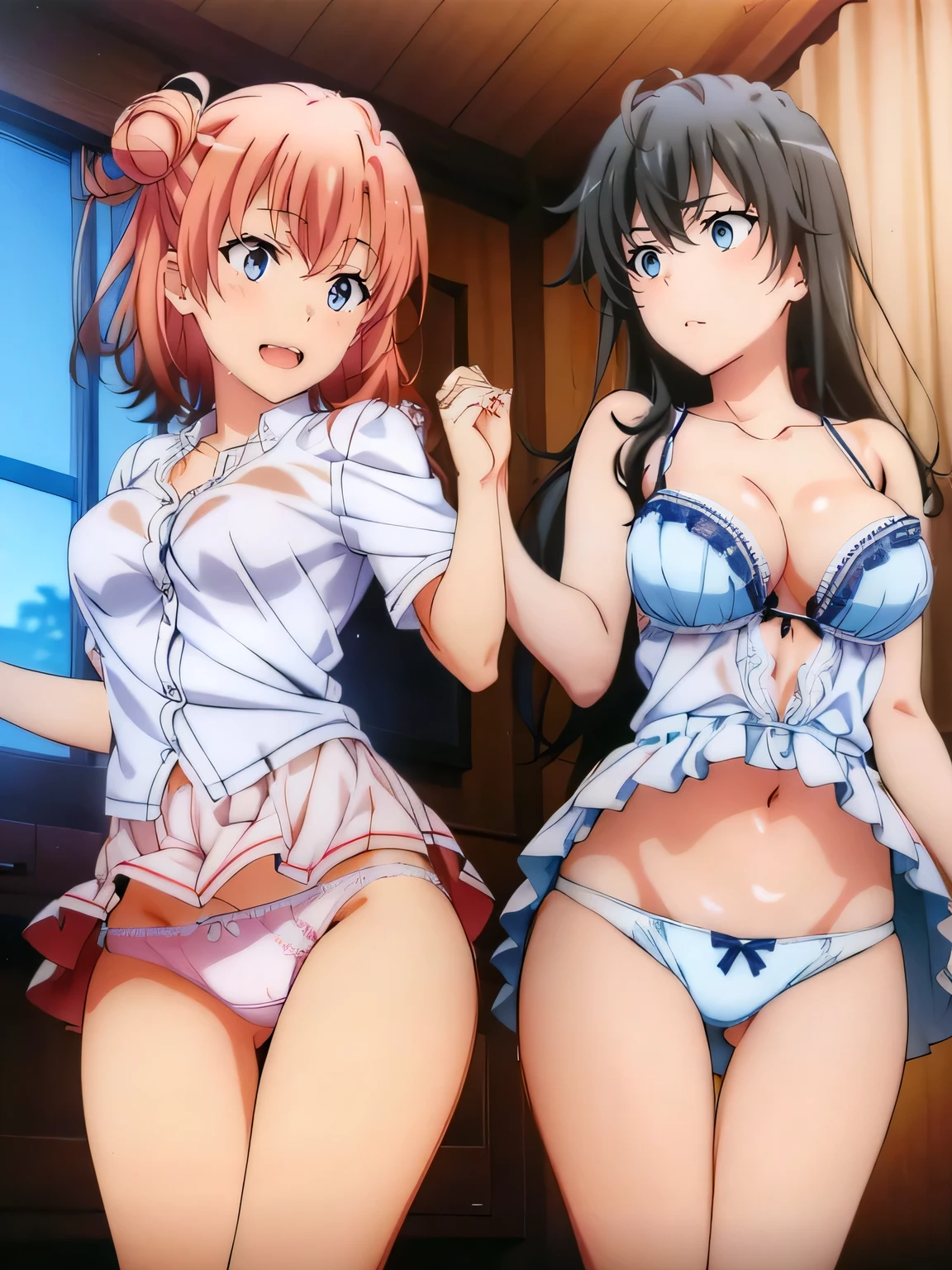 (2 girls) ,In underwear,(Yukinoshita Yukino white lace panties).((由比ヶ浜結衣 ピンクsexyレースpanties:1.0)), classroom, ,waltz dance,good,panties(Yuigahama Yui has big breasts),(Yuigahama Yui opens her mouth),(no skirt),((光沢のあるpanties)),thighs,calf,whole body,(smile),
