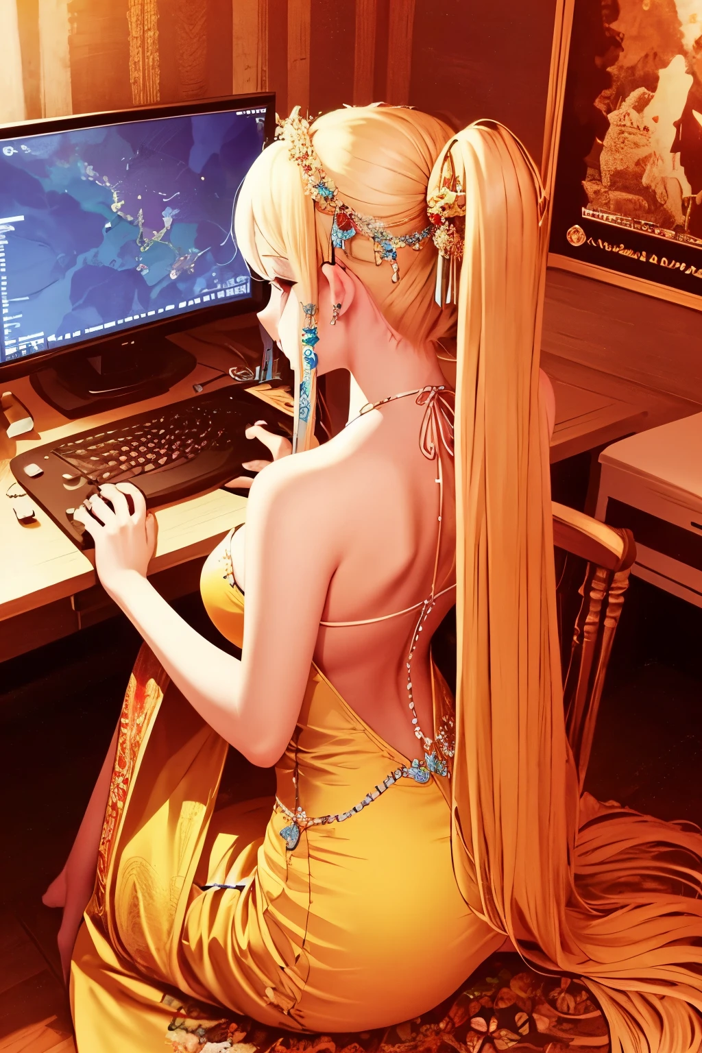 (Masterpiece)), ((best quality)), (ultra-detailed), 1 girl, absorbed in playing games, turns her chair from behind revealing a captivating backview, Large display screen adorned with radiant red and gold pixels reflects her engrossed expression, delicate fingers dexterously navigate the computer keyboard with precision, regal elegance encircles her in a red and gold dress, a gleaming crown placed delicately atop her head, (5K), (stunning), (((enchanting visuals))), superb quality, detailed facial features, vibrant colors, full HD, enchanting, (visually attractive), (gorgeously rendered), brilliant graphic design.