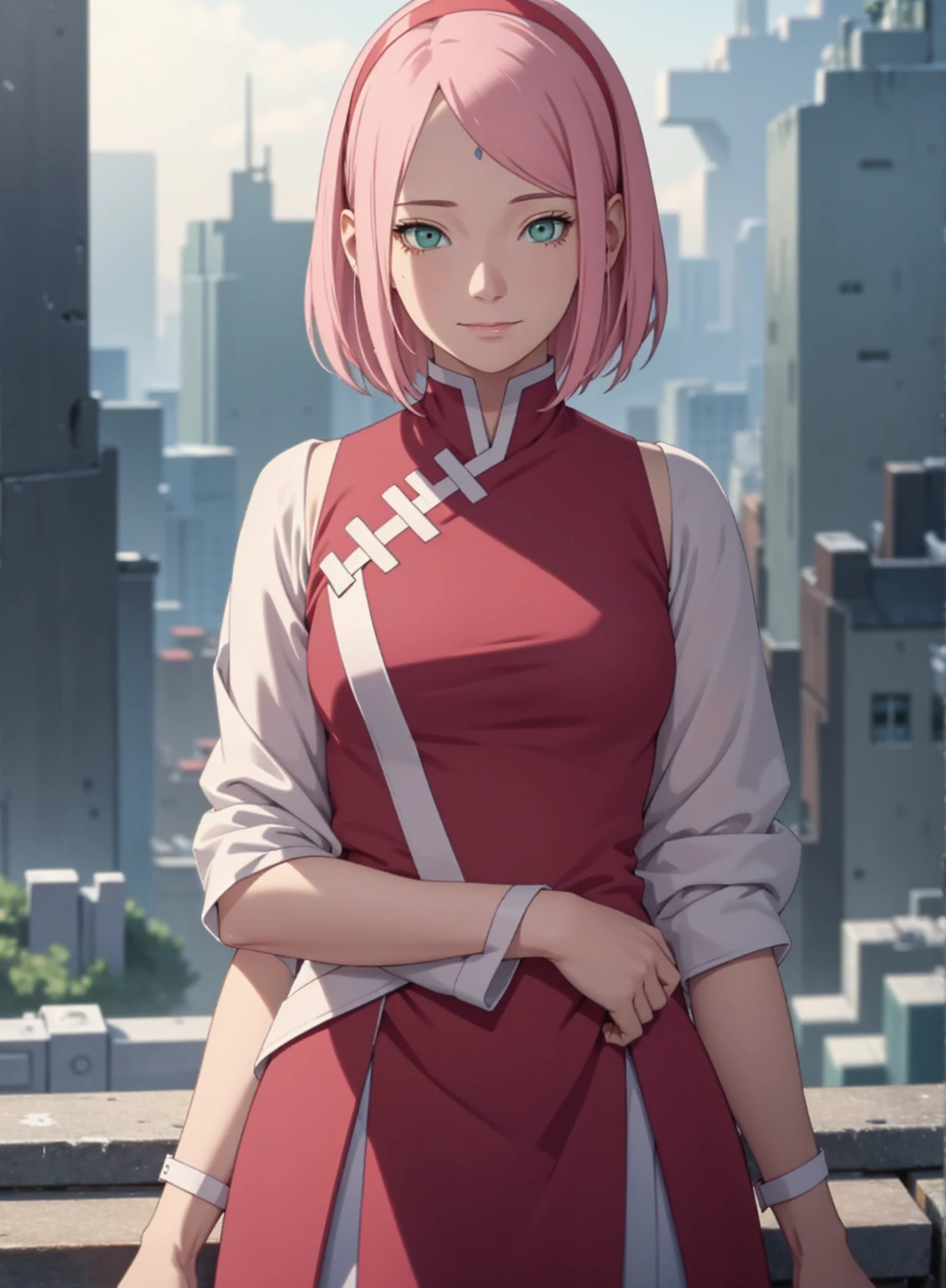 film movie still、1girl in、It's standing、24 years、pale-skinned、innocent smiles、white stockings、((A detailed face))、(Detailed skin)、Moist with intricate details、Shallow depth of field、[volume fog、shot at 8k resolution、Sakura Haruno, A pink-haired,short detailed hair, Red headband, red dress, Green eyes，Close-up, upper body