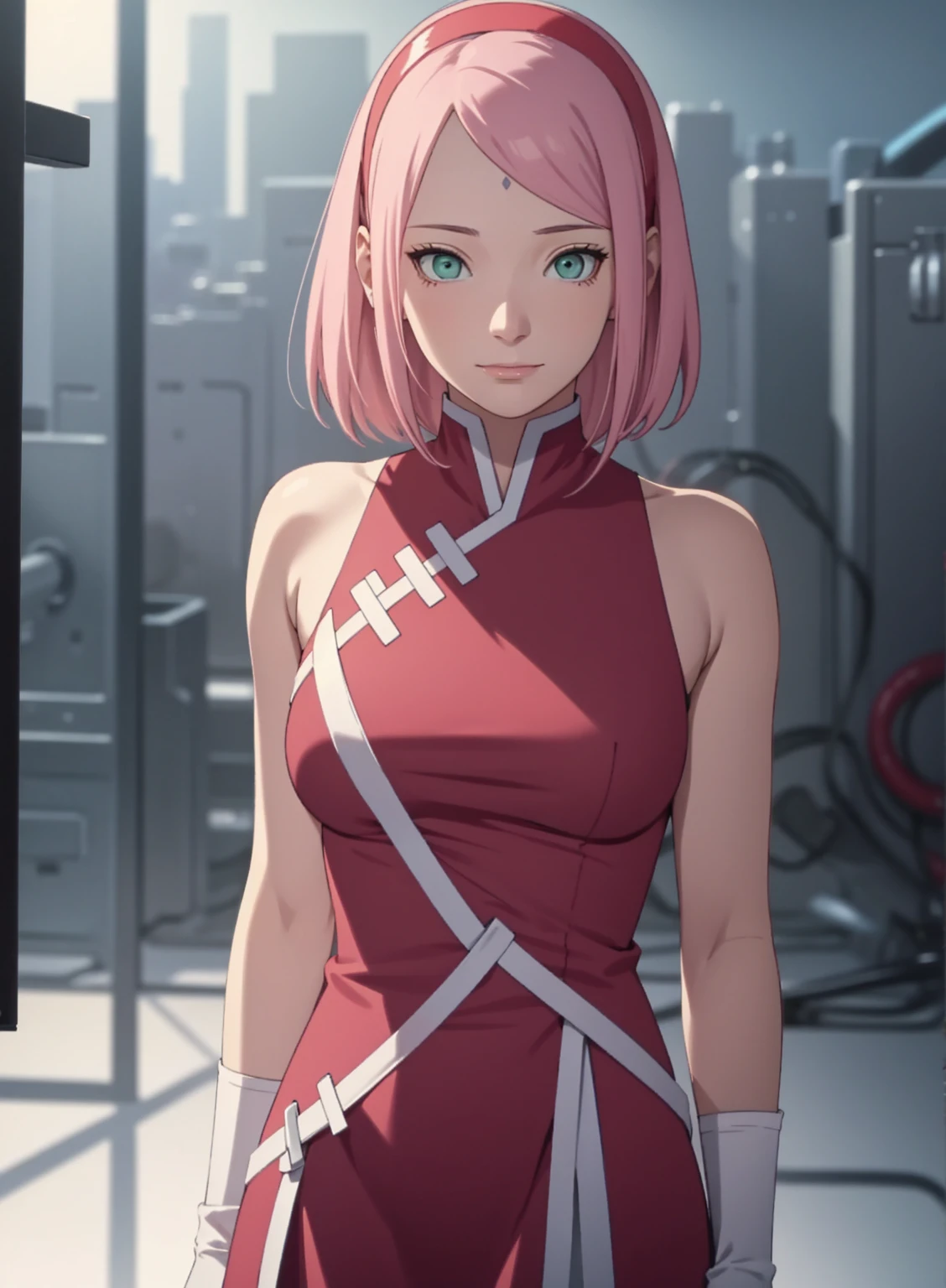 film movie still、1girl in、It's standing、24 years、pale-skinned、innocent smiles、white stockings、((A detailed face))、(Detailed skin)、Moist with intricate details、Shallow depth of field、[volume fog、shot at 8k resolution、Sakura Haruno, A pink-haired,short detailed hair, Red headband, red dress, Green eyes，Close-up, upper body