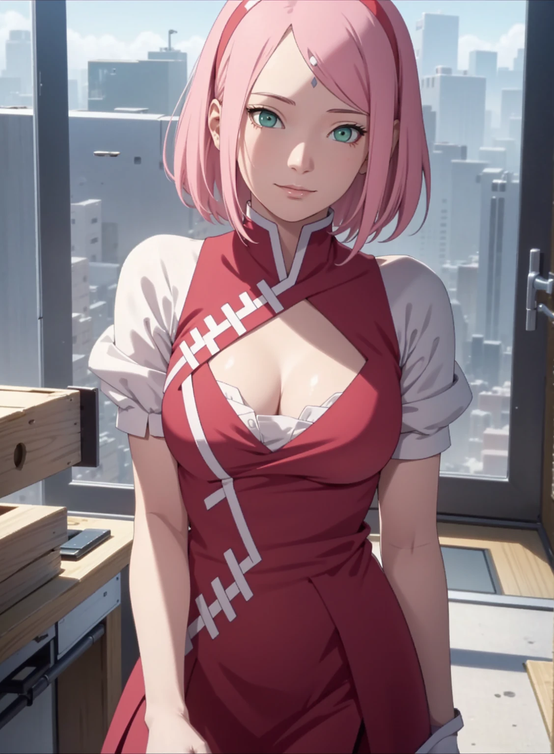 film movie still、1girl in、It's standing、24 years、pale-skinned、innocent smiles、white stockings、((A detailed face))、(Detailed skin)、Moist with intricate details、Shallow depth of field、[volume fog、shot at 8k resolution、Sakura Haruno, A pink-haired,short detailed hair, Red headband, red dress, Green eyes，Close-up, upper body