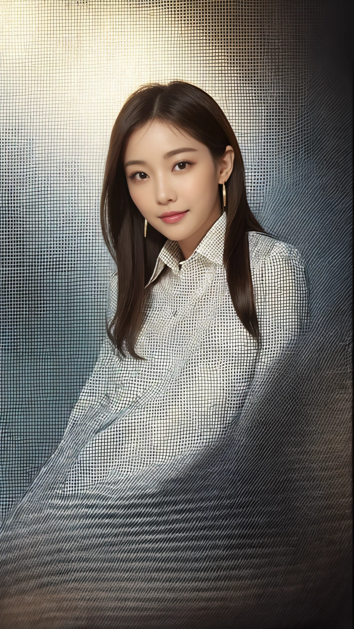 (highest quality, debris flies, realistic pictures, Super detailed, ultra high resolution, to be born:1.3), (1 female, beautiful japanese actress, 25 years old), (shy smile), detailed face,Flashy makeup with red eyeshadow,Large ring earrings,light blonde delicate mid cut hair,the tips of the hair are wavy,Elegant hairstyle,fine eyes, Actress with slender figure,small breasts, white shirt,(mini skirt),white panties,