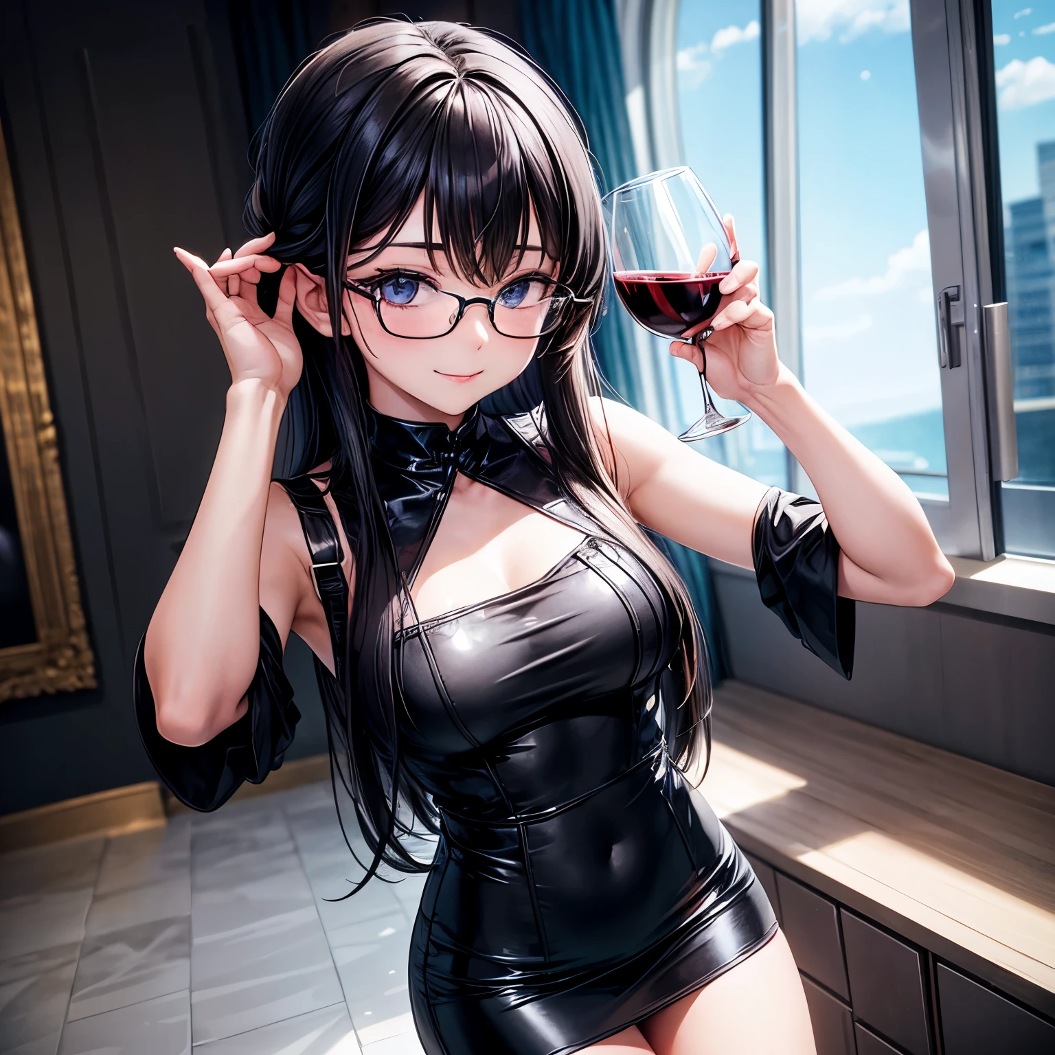 girl, holding a wine glass, wearing glasses, with tight black shorts dress, long black hair, in a luxury mansion, standing in ladder, without smiling, negative vibes