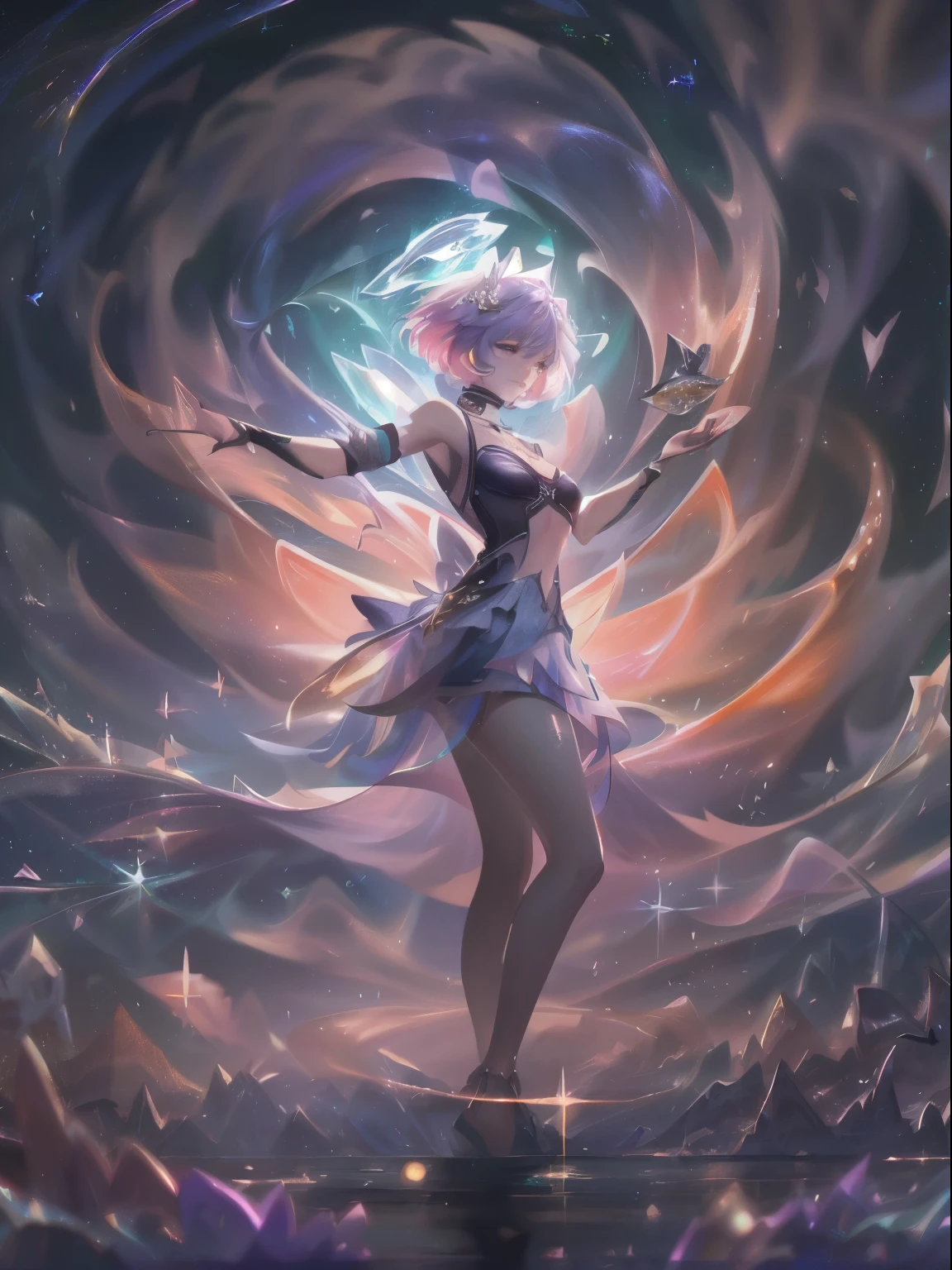 Imagine a white hair girl in the ethereal, dreamlike world, dancing in the space. (4k resolution, professional, masterpiece), (floating dress), (graceful movement, top quality, official art, beautiful and aesthetic:1.3), (1girl:1.3), extreme detailed, (fractal art:1.3), colorful, cosmic background, celestial glow, serene atmosphere, enchanting, otherworldly, seamless motion, high resolution, detailed textures, ethereal lighting, barechested, 14years, art stations, awardwinning, being thin, slender body, smaller chest, ribs, live-action background, luxurious hair ornaments, 8 head and body, a slender, very skinny, luxury, skinny, discreet breasts, beauty legs, constricted waist, dented belly, beautiful hair, condencending look, whole body frame-in from head to toe, summer, dog collar, a choker, a woman in a black dress is dancing with colorful paint, colorful digital fantasy art, digital art fantasy, colorful and dark, beautiful and dark, b, pixie cut, shiny hair, multicolored hair, halo, snake pupils, photorealistic, Color Field painting, silhouette, depth of field, viewfinder, from behind, blurry foreground, masterpiece, best quality, 4k, super detail, ccurate