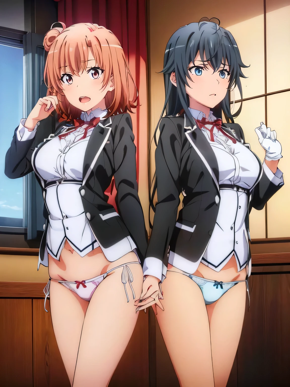 (2 girls) ,wearing uniform,(Yukinoshita Yukino white lace panties).((由比ヶ浜結衣 ピンクsexyレースpanties)), classroom, ,waltz dance,panties(Yuigahama Yui has big breasts),(Yuigahama Yui opens her mouth),(no skirt),((光沢のあるpanties)),thighs,calf,whole body,(smile),