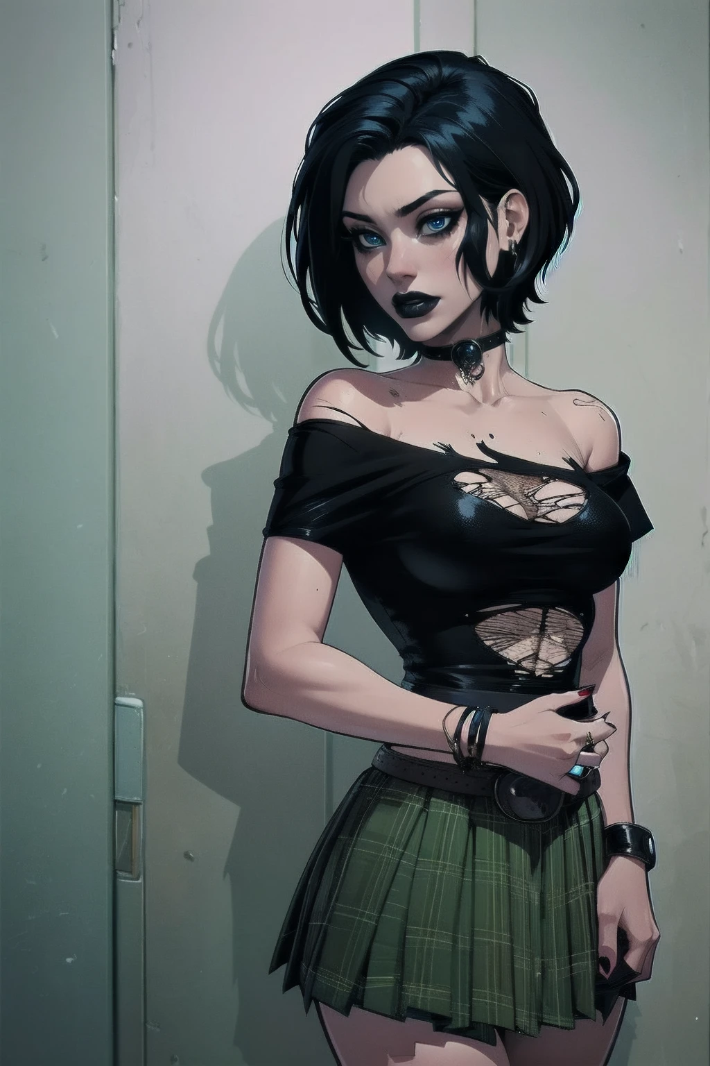 a woman with short black hair, hair on shoulders, wearing a white t-shirt and plaid skirt, blue eyes, zombie art, gothic art, cute aesthetic with vibe, toon aesthetic, wearing red costume, wearing gothic accessories, look like Cassie Hack, upper body, zombie background,