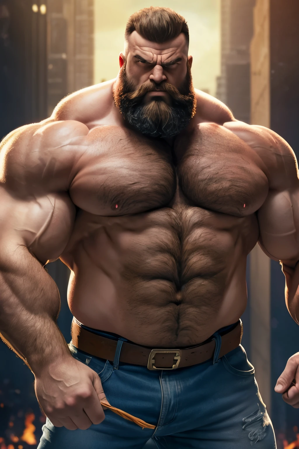 Zangief araffe man with purple shirt and tight blue pants with a large messy volume with obvious veins , with beard, Very beauthful. big muscles, big muscles, extremamente brawny, wearing purple undershirt, huge muscles, exaggeratedly large physique, big muscles, strong and imposing, huge muscles, muito brawny, huge shiny muscles, muito brawny, brawny, exaggerated muscular physique, big muscle, big biceps