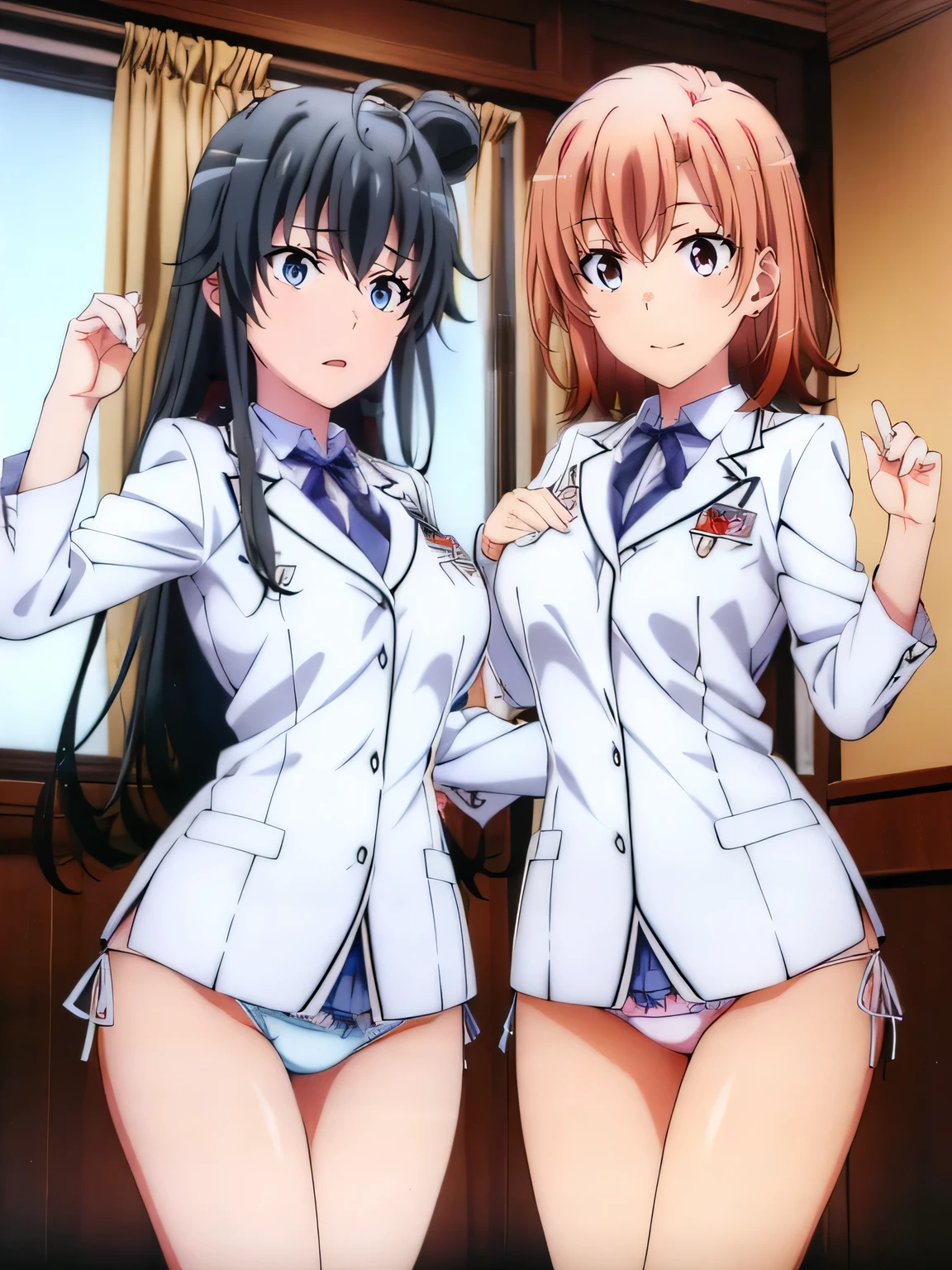 (2 girls) ,wearing uniform,(Yukinoshita Yukino white lace panties).((由比ヶ浜結衣 ピンクsexyレースpanties)), classroom, ,waltz dance,panties(Yuigahama Yui has big breasts),(Yuigahama Yui opens her mouth),(no skirt),((光沢のあるpanties)),thighs,calf,whole body,(smile),