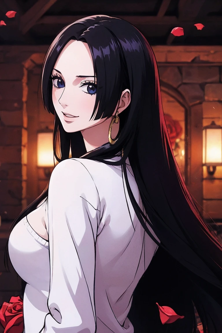 best quality, masterpiece, highly detailed,1girl, ((rose)), (vine), cage, bandage, red rope, (detail light), falling rose petals, Boa Hancock,, (masterpiece:1.5), Detailed Photo, Smiling,(8K, Photorealistic, Best Quality: 1.4), (1girl), Beautiful Face, (anime realistic Face), (Black Hair, long Hair: 1.3), Beautiful Hairstyle, Realistic eyes, beautiful detail eyes, (realistic skin), beautiful skin, (sweater), absurd, attractive, ultra high resolution, ultra realistic, high definition, golden ratio, backwards, looking back