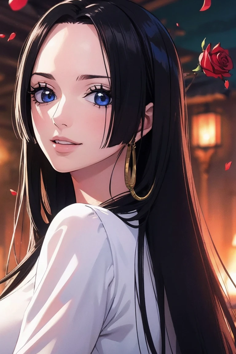 best quality, masterpiece, highly detailed,1girl, ((rose)), (vine), cage, bandage, red rope, (detail light), falling rose petals, Boa Hancock,, (masterpiece:1.5), Detailed Photo, Smiling,(8K, Photorealistic, Best Quality: 1.4), (1girl), Beautiful Face, (anime realistic Face), (Black Hair, long Hair: 1.3), Beautiful Hairstyle, Realistic eyes, beautiful detail eyes, (realistic skin), beautiful skin, (sweater), absurd, attractive, ultra high resolution, ultra realistic, high definition, golden ratio, backwards, looking back