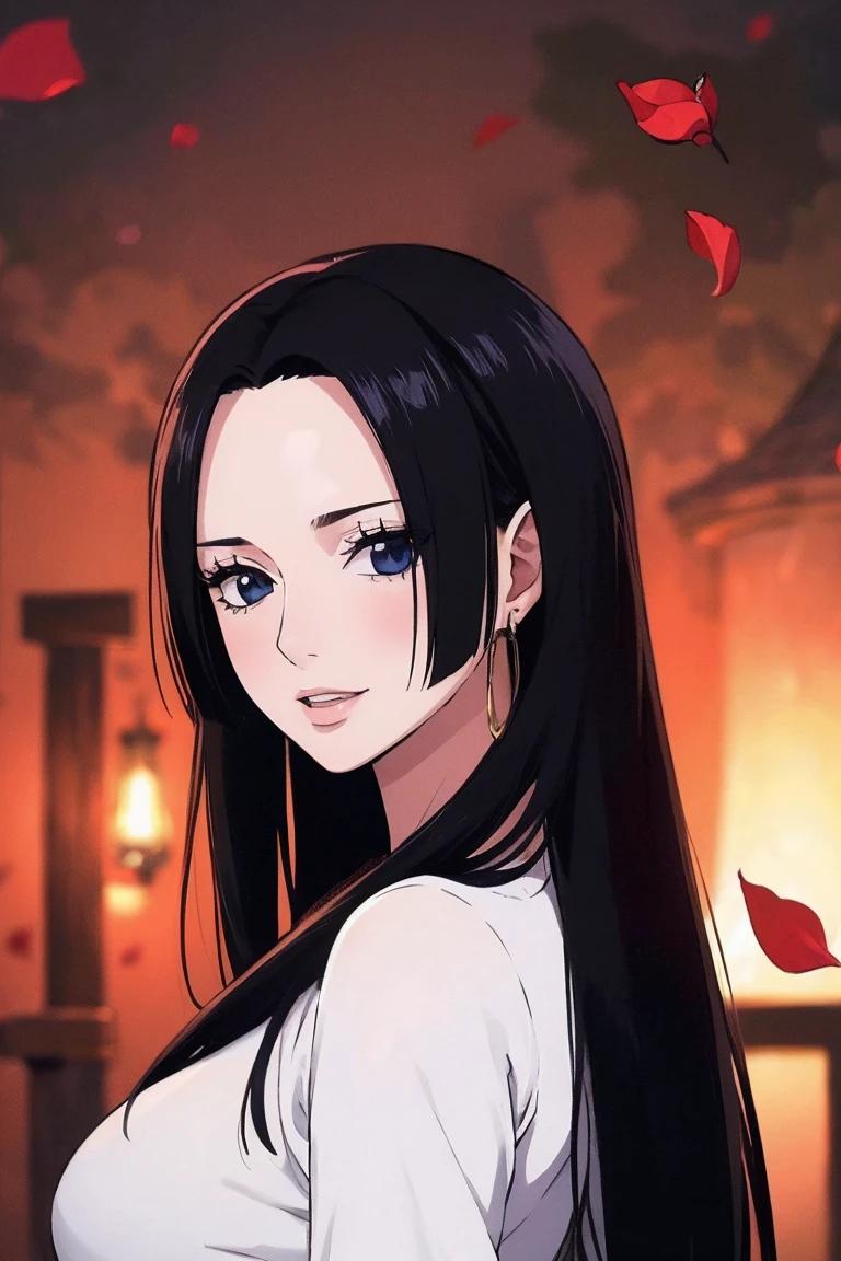 best quality, masterpiece, highly detailed,1girl,  ((rose)), (vine), cage, bandage, red rope, (detail light), falling rose petals, Boa Hancock,, (masterpiece:1.5), Detailed Photo, Smiling,(8K, Photorealistic, Best Quality: 1.4), (1girl), Beautiful Face, (anime realistic Face), (Black Hair, long Hair: 1.3), Beautiful Hairstyle, Realistic eyes, beautiful detail eyes, (realistic skin), beautiful skin, (sweater), absurd, attractive, ultra high resolution, ultra realistic, high definition, golden ratio, backwards, looking back
