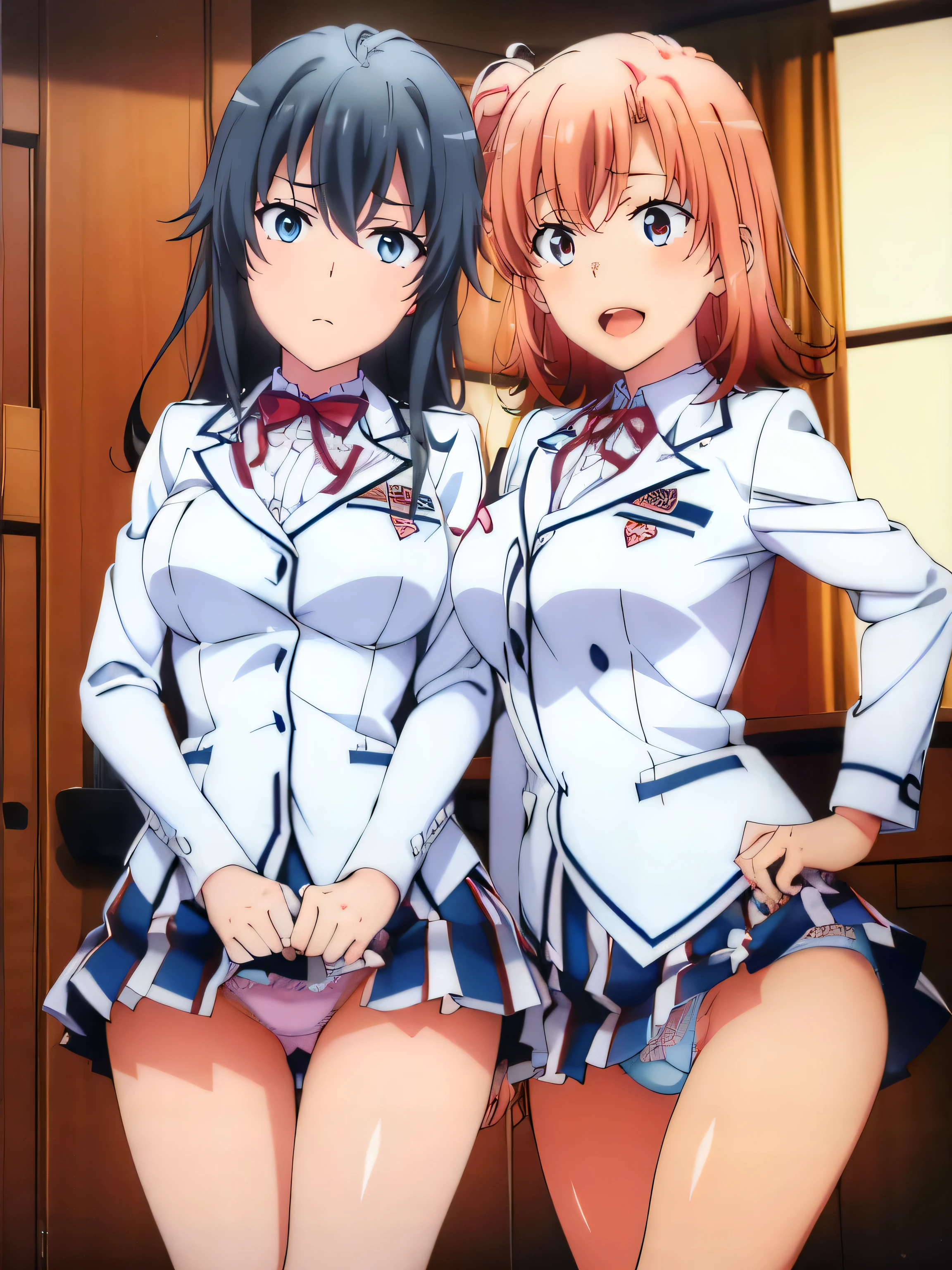 (2 girls) ,wearing a uniform,(Yukinoshita Yukino white lace panties).((由比ヶ浜結衣 ピンクsexyレースpanties)), classroom, ,waltz dance,panties(Yuigahama Yui has big breasts),(Yuigahama Yui opens her mouth),(no skirt),((光沢のあるpanties)),thighs,calf,whole body,(smile),