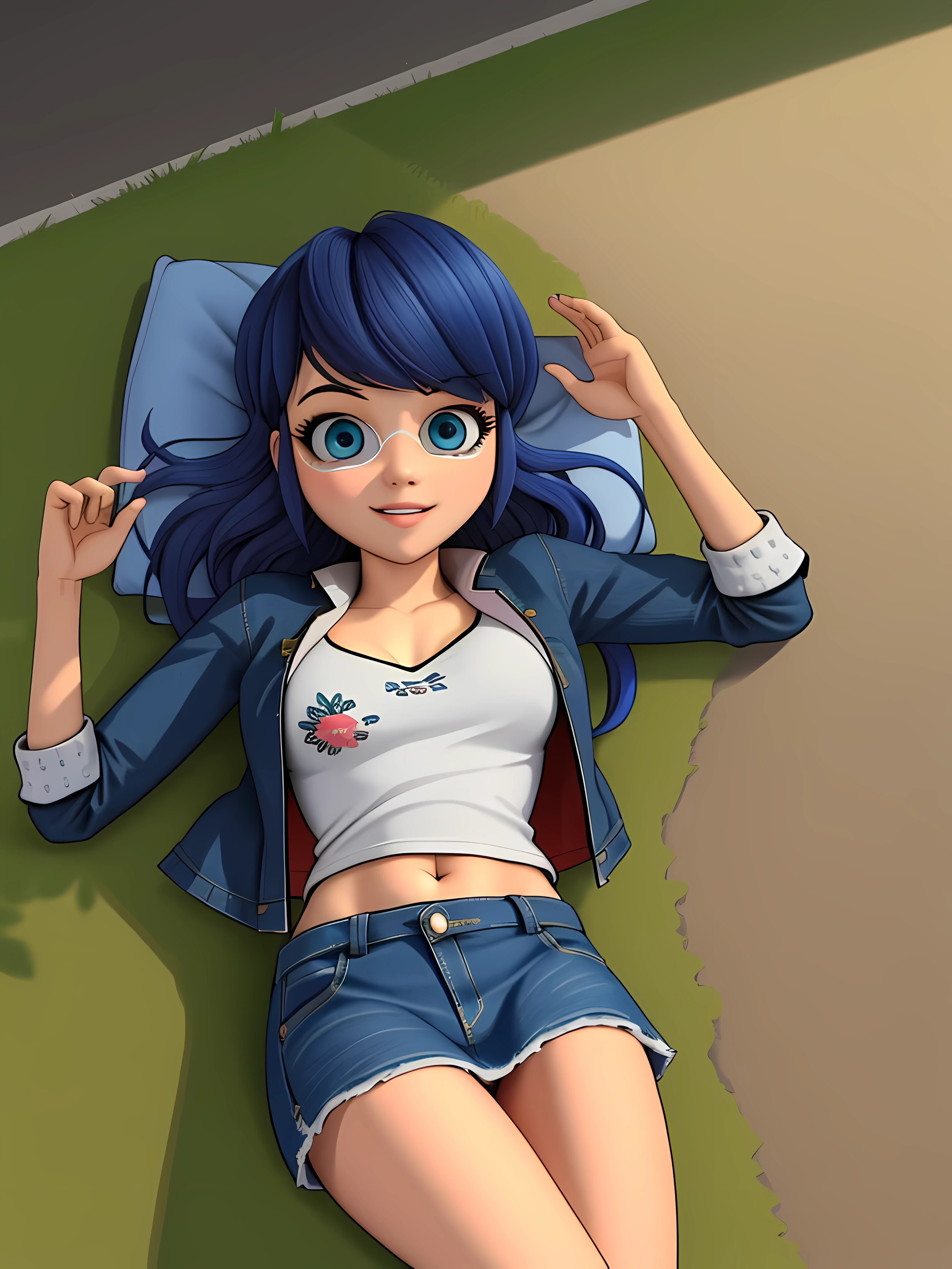 (8K, foto cruda, Mejor calidad, Obra maestra:1.2), (detalles intrincados), ojos perfectos, cara perfecta, perfect lighting, hermoso, (Obra maestra:1.2), (Mejor calidad:1.2), 1 chica, solo, marinette, pelo azul, ((pelo largo)), adult torso, , leve sonrisa, large size breasts, (falda de mezclilla, falda corta, camiseta roja del ombligo, chaqueta, Gafas de sol), tiro de vaquero, 3DMM, tirado en el suelo, mirando al espectador, sexy