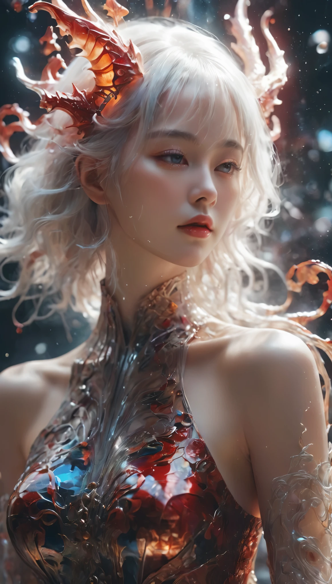 photo RAW, (Black and red : Portrait of a ghostly girl playing the violin, shiny aura, highly detailed, gold filigree, intricate motifs, organic tracery, by Android jones, Januz Miralles, Hikari Shimoda, glowing stardust by W. Zelmer, perfect composition, smooth, sharp focus, sparkling particles, lively coral reef background Realistic, realism, hd, 35mm photograph, 8k), masterpiece, award winning photography, natural light, perfect composition, high detail, hyper realistic cinematic photo art RAW candid close up photo of an ethereal neural network organism with a glittering pearl helmet, holographic color, waterdrops, divine (cyborg dragon:2 girl:0.3, white hair:0.5 biomorph), glass skeleton, skinless:3, biomechanical details, (empty background), natural lighting, style of h. r. giger, (sharp focus, hyper detailed, highly intricate), . Extremely high-resolution details, photographic, realism pushed to extreme, fine texture, incredibly lifelike,35mm photograph, film, bokeh, professional, 4k, highly detailed