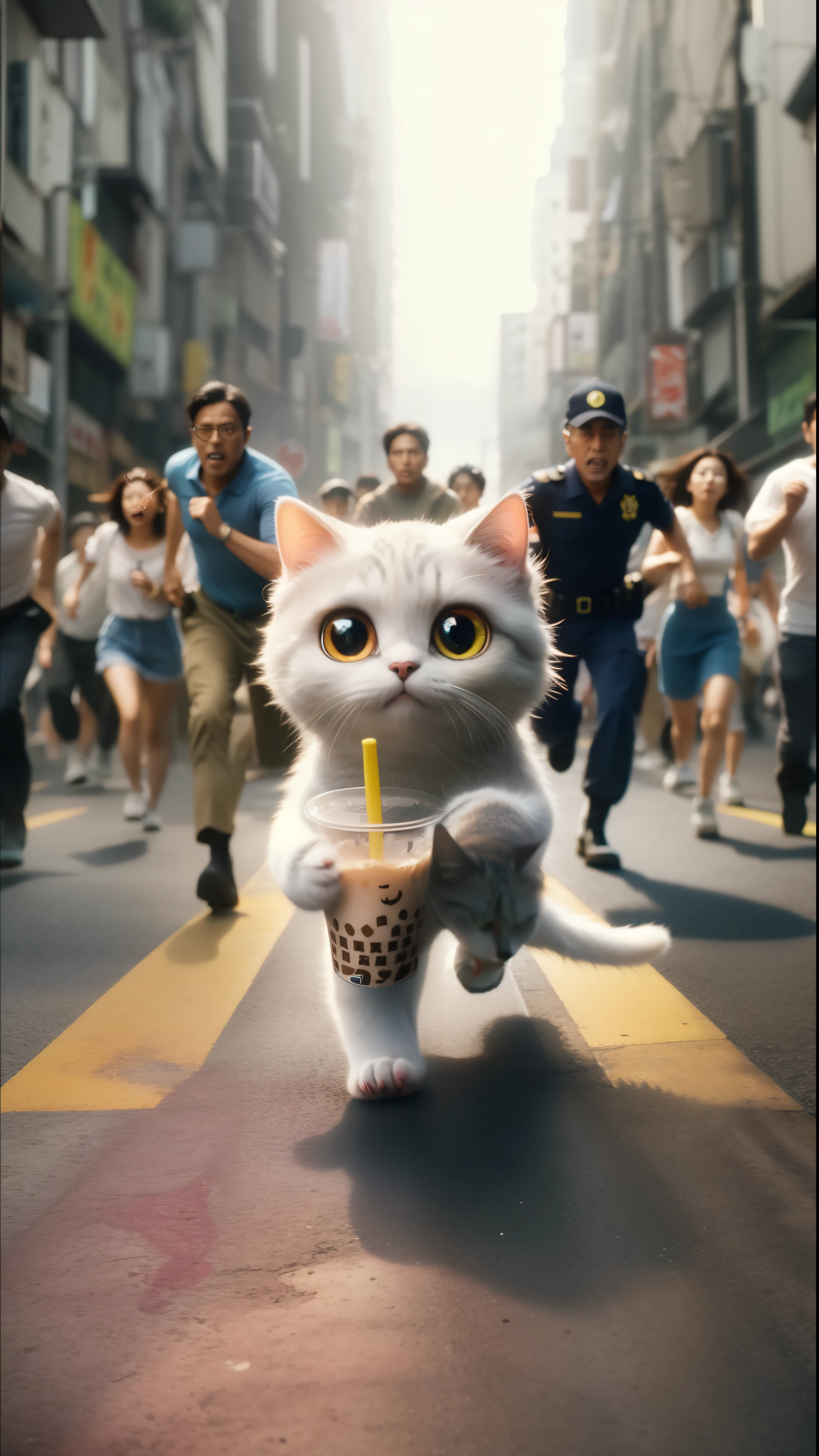 tem um gato correndo pela rua com uma bebida, novo filme gatos, cat attacking tokyo, gatinho chefe mundial, gato correndo, imagem promocional do filme, the cat is walking, Japanese CGI, visual de anime de um gato fofo, cena do filme live-action, anime cat, ainda de um filme live-action, Japanese live action film, amazing cgi