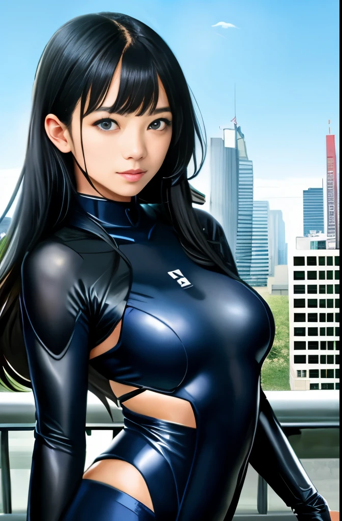 highest quality、Woman with semi-long black hair、clear eyes、small breasts、dark blue sentai hero suit、City of night