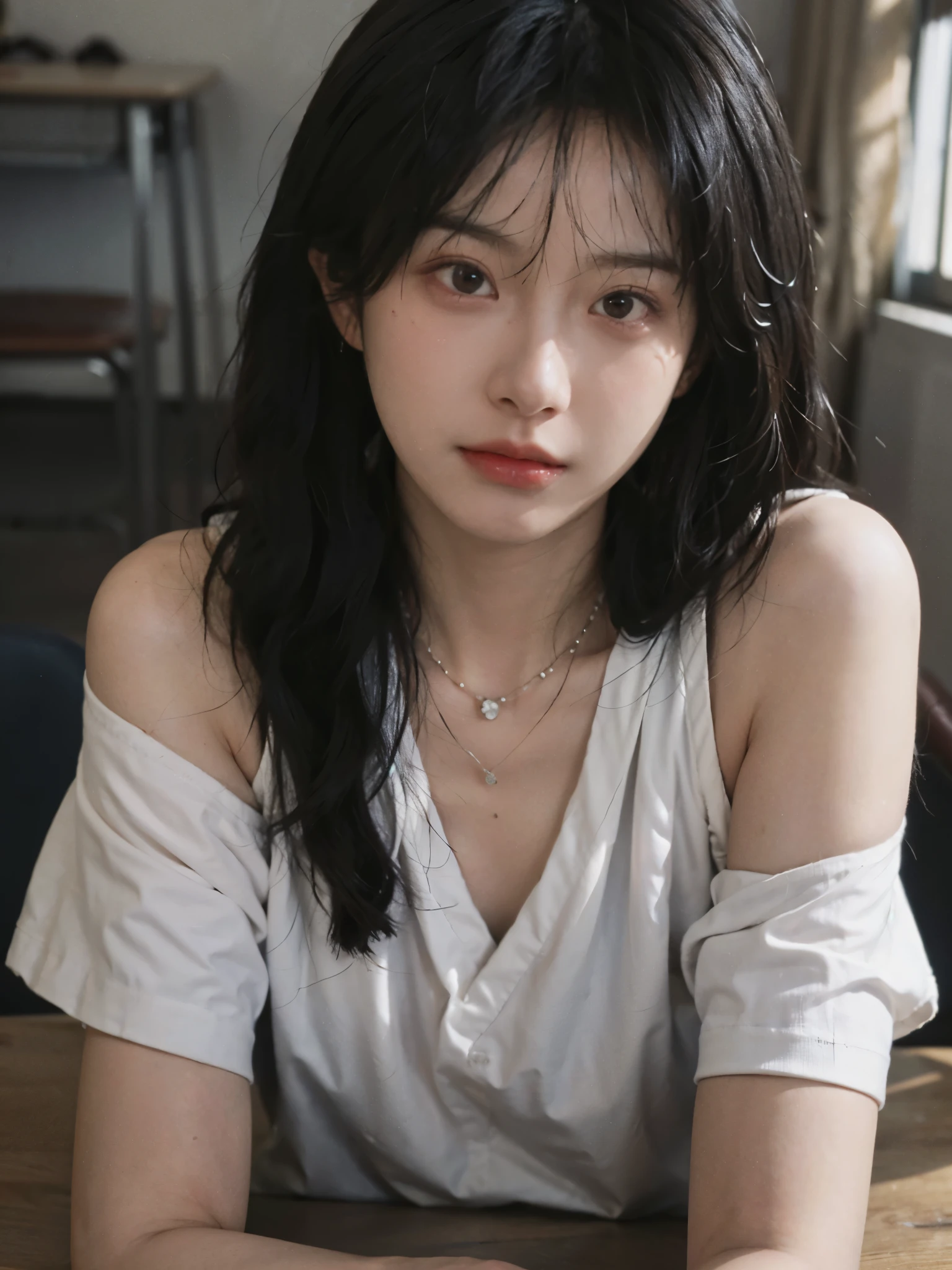 masterpiece, best quality, 1 girl, looking at the audience, piece,, Nano OP, School uniform, School, School desk,, alone, Film portrait photography, 1 girl, bare shoulders,lipstick,(flat chest:1.4), Shoulder length wavy hair, wear necklace,scarf,looking directly at camera,earrings,short sleeves,serene, calm, (Realistic and detailed eyes, natural skin texture, Realistic facial details), Soft dramatic lighting, depth of field, Bokeh, Vibrant details, Detailed and detailed, surreal, 35mm film, hazy, ,