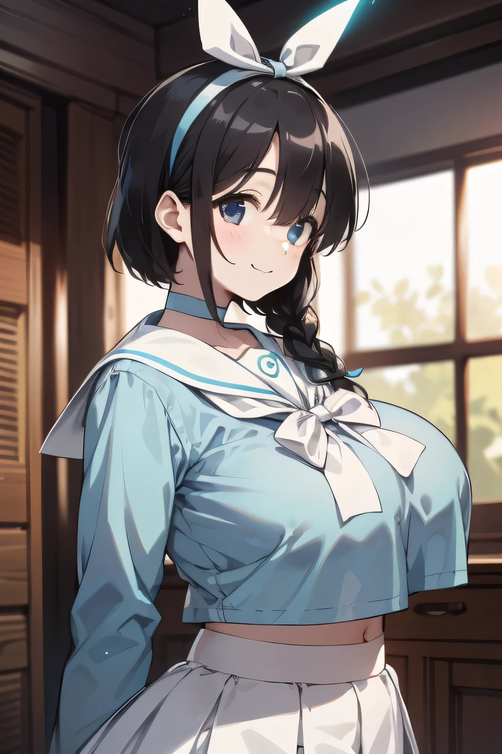 ((masterpiece)), ((best quality)), (ultra-detailed), ((extremely detailed)), 4K, (8K), best quality,, ((((perfect anatomy)))), five fingers, ((((beautiful detailed eyes)))), (((world-class quality))), ((photorealistic)), extremely detailed, high resolution, (detailed shaded pretty face), ((house wife)), solo, ((sagging breasts)), , ((glowing detailed skin and hair)), white-skinned, (((glistening skin))), kasumi iwato, , black hair, happy smile, huge ass, huge breast, potbelly, arona, , short hair, single braid, hair over one eye, halo, ((pale light blue sailor uniform)), ((pale light blue long sleeves)), ((white sailor collar)), (white bowtie), white choker, (white skirt), white sneakers, ((white bow hairband)), (((pale light blue e shirt))), potbelly, have an umbrella,