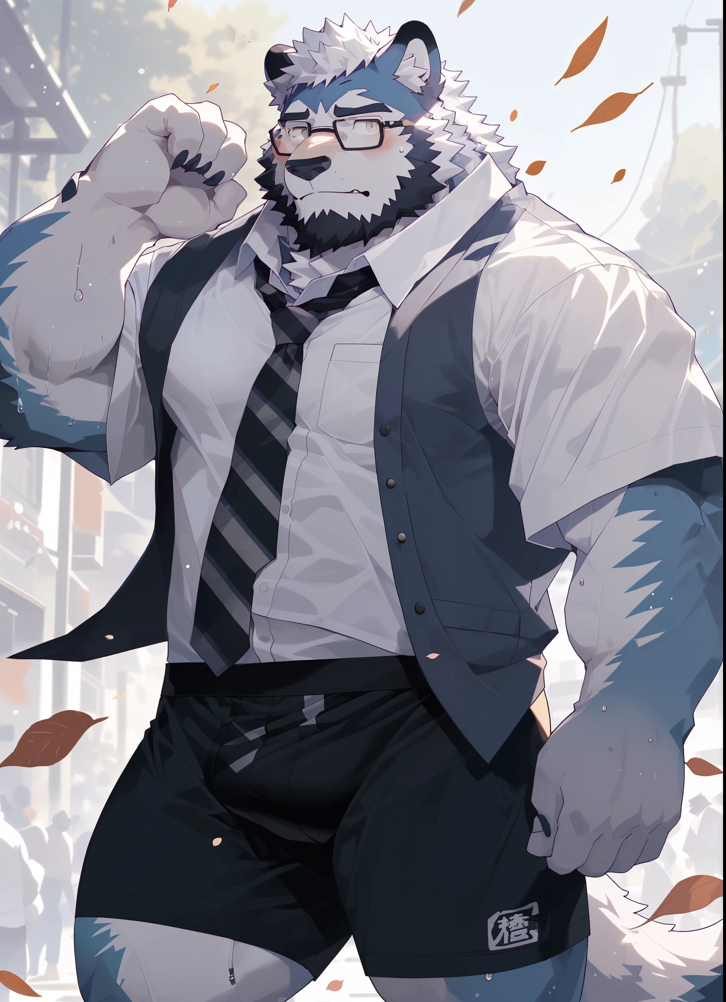 hairy,(Wolf,Black-rimmed glasses,),(Light color boxer briefs:1.4),(Loose tie:1.2),(Naked from the waist down:1.5),beard,white fur,male,Common,full-body shot, dynamic poses,Baseball games,There are fallen leaves,wet clothes,sweat,Breathing heavily,sweat a lot,Sunlight,Detailed background,极其lifelike阴影,masterpiece,Very detailed,lifelike