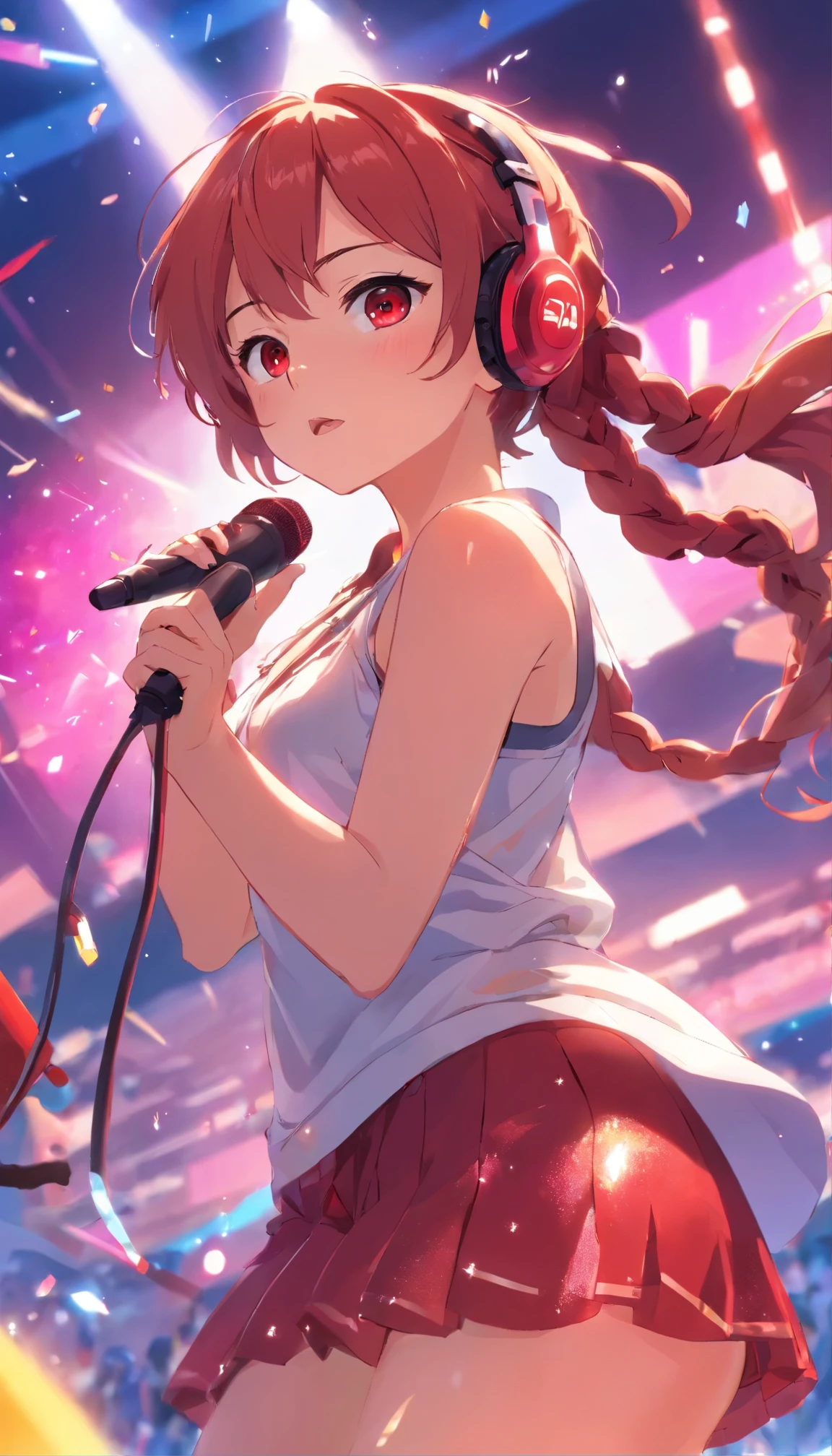 A woman with braided hair and red eyes wearing a glittering idol costume in front of a red microphone stand、pose while singing and dancing, Have fun sweating, angry look、 The girl is wearing cute and colorful decorations., and comfortable and relaxing. {{{{arena}}}}, idol stage, {{{spot lighting}}}, {{{light from above}}}, {{{{confetti:1.3, motion blur}}}}, {{{dutch angle shot}}},outdoor live stage、red headphones、Sweat dripping on your cheeks、shiny skin、Lens flare、red slant eyes、big breasts、 body type、looking down
