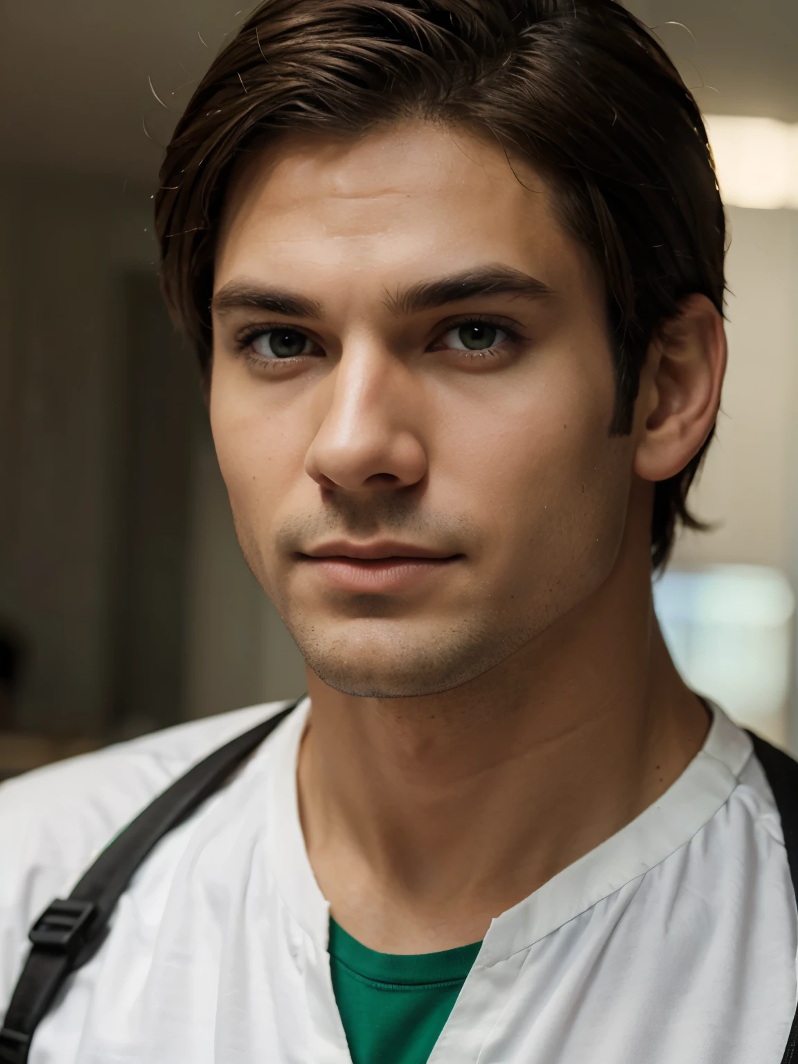 Create a male comic character, with brown hair, white skin and green eyes