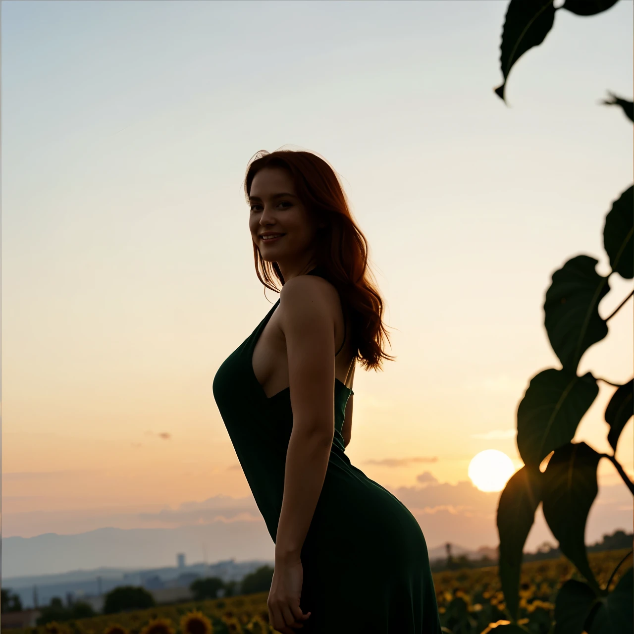 A silhouette shot of a young goddess and seductive influencer, 27 years old, height 160 cm, with a sensual style and beauty, (medium large breast:1.1), (green eyes), (fake smile:1.2) (red hair) (Wavy hair:1.1), perfect ass, thin-waisted, bdsm. Wearing a knit wrap dress in neutral tones, captured in a field of sunflowers at sunset (semi blurred bokeh effect background). Iphone 14 pro max triple front camera, light and shadows, still raw, ((best quality)), ((masterpiece)), photorealistic, (detailed), (lora:GoodHands-beta2:0.8)